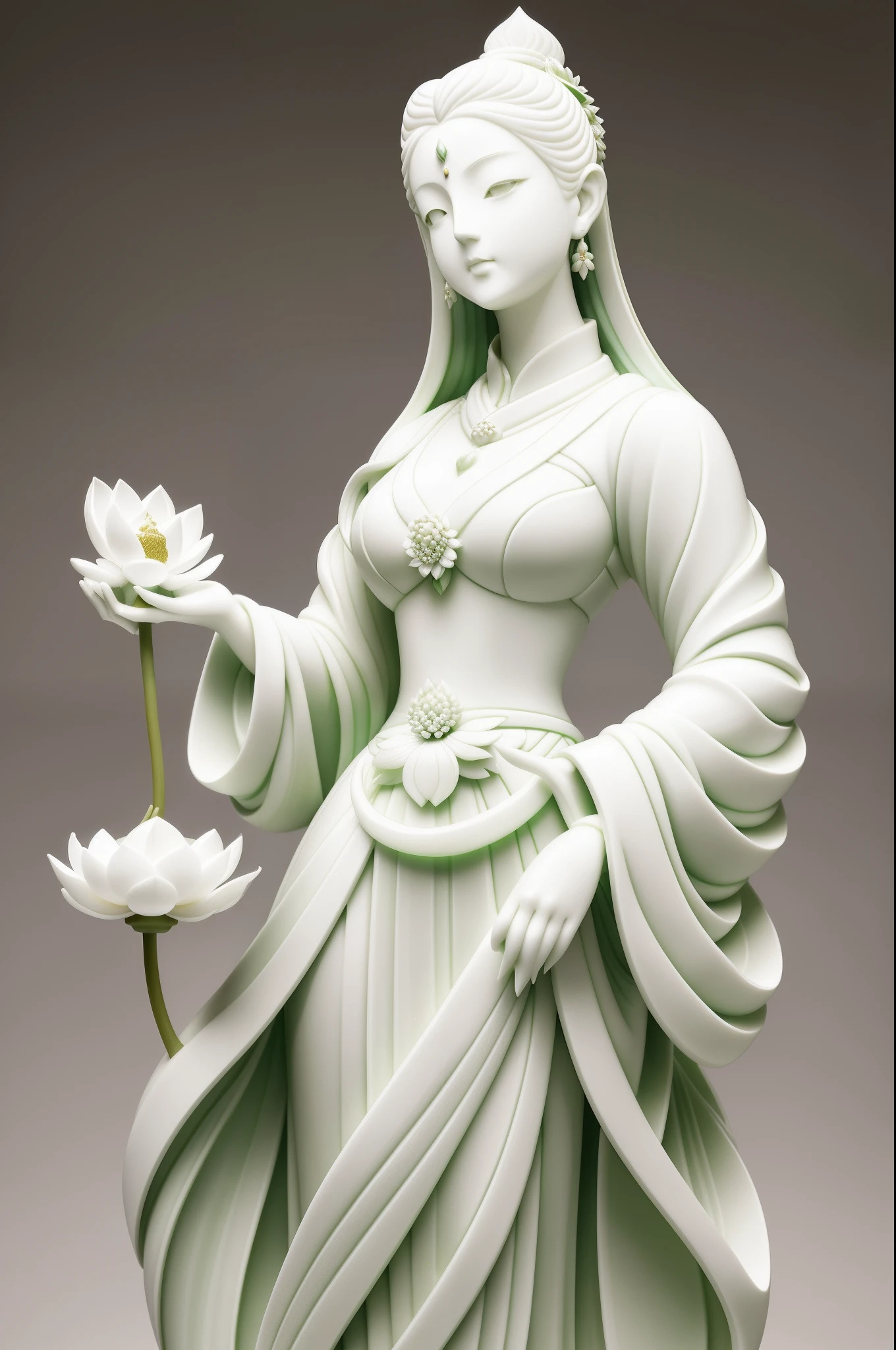(Statue of a woman holding a lotus leaf),(White statue 1.2),(Light green lotus leaves:1.2),(White lotus:1.2),by Russell Dongjun Lu, james jean and wlop, (porcelain sculpture), pop japonisme 3 d ultra detailed, highly detailed sculpture, inspired by Fei Danxu, (jade sculpture),