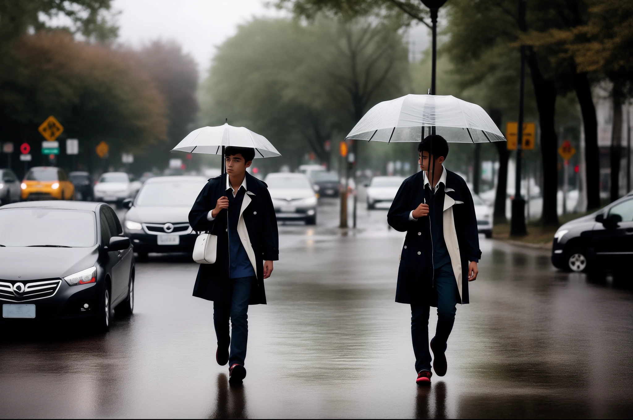 Under the traffic light on a rainy day stands a ager in a black and white trench coat
