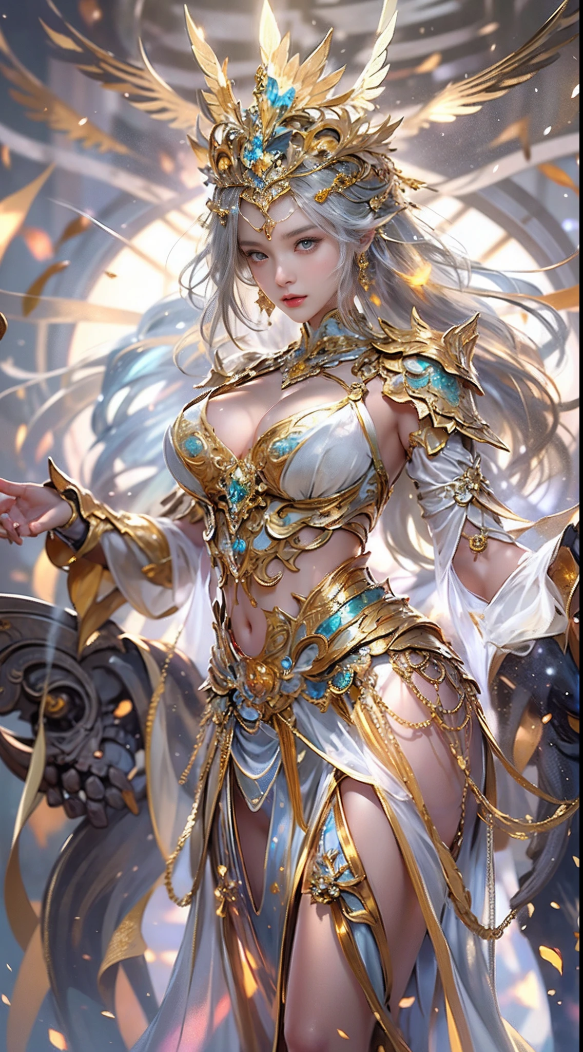 Woman in a golden transparent dress,view the viewer,(((Huge breasts, Large cleavage))),Slim waist,(navel baring,Bare waist), Long hair, Ultra-detailed details,High-end Zhenyi station, Rainstorm site, detailed fantasy art, Stunning character art, Beautiful and exquisite character art, Beautiful gold and silver armor, Extremely detailed, Girl in shiny armor, Exquisite tiaras and jewelry,Crystal jewelry filigree, milky ways, Stunning visuals, (dynamic streaks, light tracks:1.2), Vibrant colors,