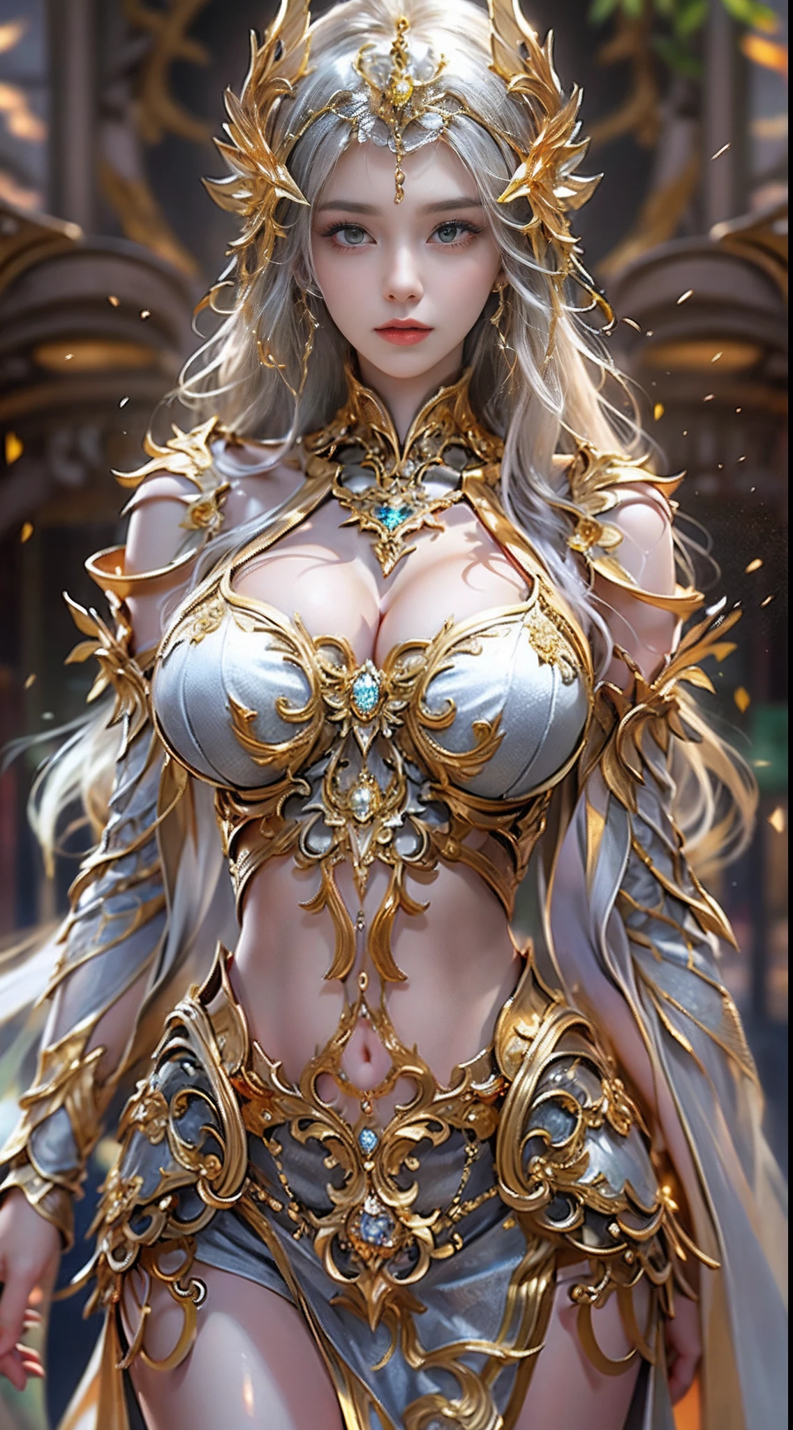 Woman in a golden transparent dress,view the viewer,(((Huge breasts, Large cleavage))),Slim waist,(navel baring,Bare waist), Long hair, Ultra-detailed details,High-end Zhenyi station, Rainstorm site, detailed fantasy art, Stunning character art, Beautiful and exquisite character art, Beautiful gold and silver armor, Extremely detailed, Girl in shiny armor, Exquisite tiaras and jewelry,Crystal jewelry filigree, milky ways, Stunning visuals, (dynamic streaks, light tracks:1.2), Vibrant colors,