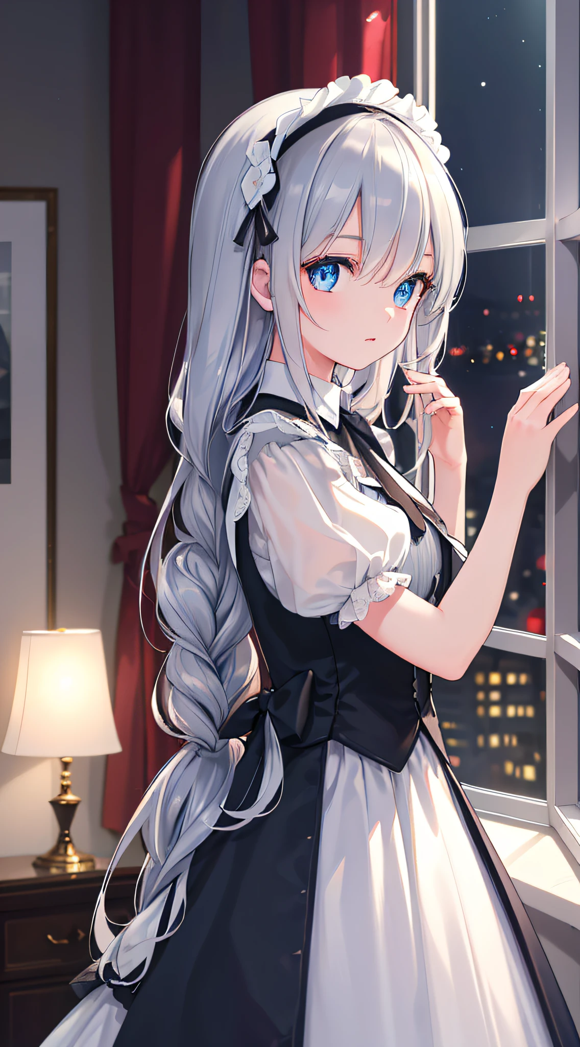 (Masterpiece:1.21), (Best quality:1.331), ((Ultra-detailed)), ((extremely best illustration)), ((Amazing)), (hyper qualit), Gorgeous and rich graphics,
(Extremely delicate and beautiful:1.21), 8K, the wallpaper, (extremely beautiful lighting), hard light, Delicate composition, (Perfect positioning), (extremely beautiful and detailed background:1.21), Rembrandt style expression of light and shadow, Dark tone, (low tune, High differential color levels), ((Depth of field)), deepshadow,
Dynamic Angle, From the side Side, Upper body, Radial blur,
(City lights, The background is blurred out),
(1girll),(Beautiful detailed eyes), offcial dress,Clear blue eyes, Long silver French braided hair,
Lens flare, floor to ceiling window,(Night view of the city outside the window 1.2), Masterpiece, Best quality,close up photograph