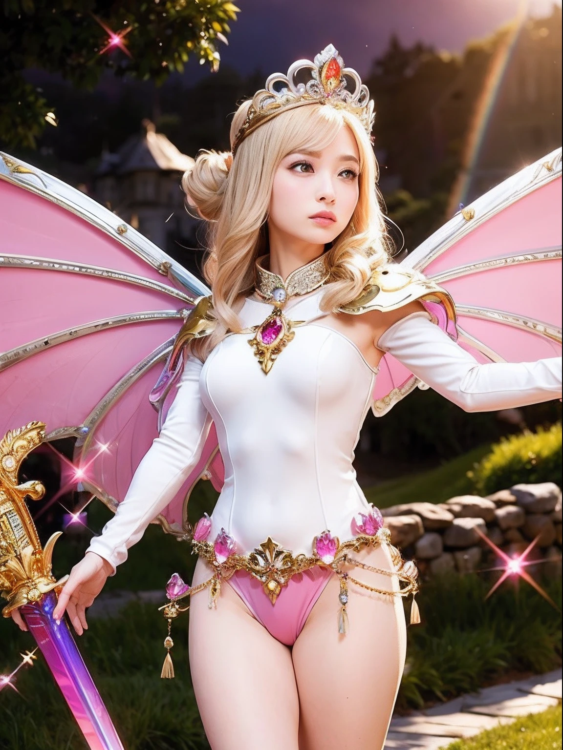 Professional , masterpiece、top-quality、photos realistic , depth of fields (Gemstone Silver Metal Body:1.9),(Matte White Pink、Jewel Gold Weapon、(Gorgeous castle background)、(ultimate beauty girl)、(Rainbow fairy wings grow)、Particles of light、(Metal body of iridescent gemstones:1.9),Gorgeous Jewel Metal Weapons , Detailed Sword of the Brave ,( a blond) , adepta sororitas,Detail and ornate jewel crown、独奏、Brown hair、Mystical expression、(Gangle's forest background)、Beautiful Caucasian beauty、1a person、dynamic ungle,(((Diamond tiara with detail and luxury)))、a small face、Beautiful poses、(Gorgeous castle background)、huge filesize、Beautiful girl at 16 years old、Stand in the center of the screen、Thin female fingers、Straight long hair、Beautiful Caucasian beauty、(maikurobikini)、Hair fluttering in the wind、face forwards、Look at viewers、(Armpit)、Armpit、