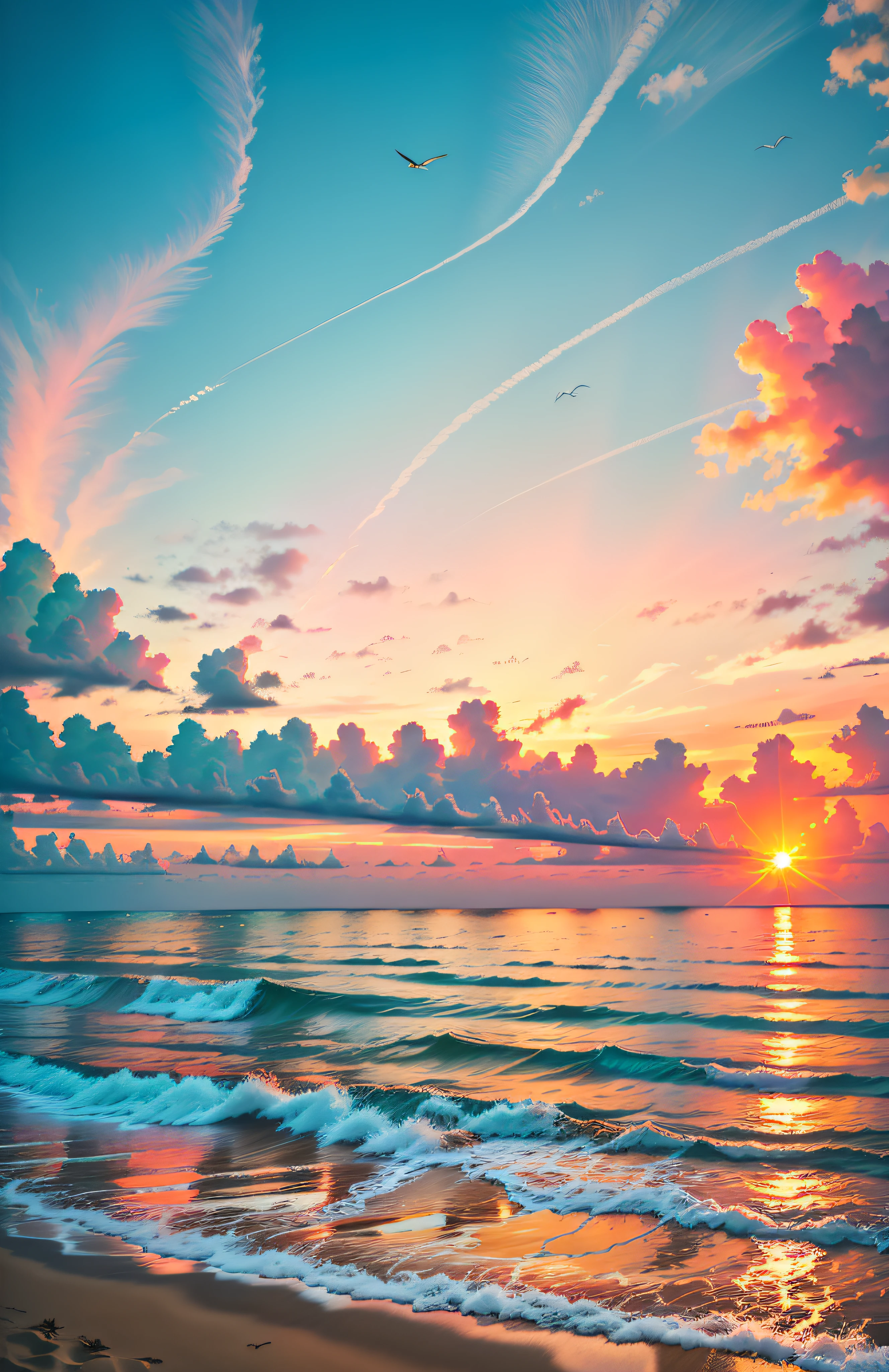 An absolutely mesmerizing sunset over the beach, with a blend of oranges, pinks, and yellows filling the sky. Crystal-clear waters of the sea gently kissing the shore, with sandy white beach stretching far and wide. The scene is dynamic and breathtaking, with seagulls soaring high in the sky and gently swaying palm trees. Take in the calming atmosphere and let the peacefulness wash over you.