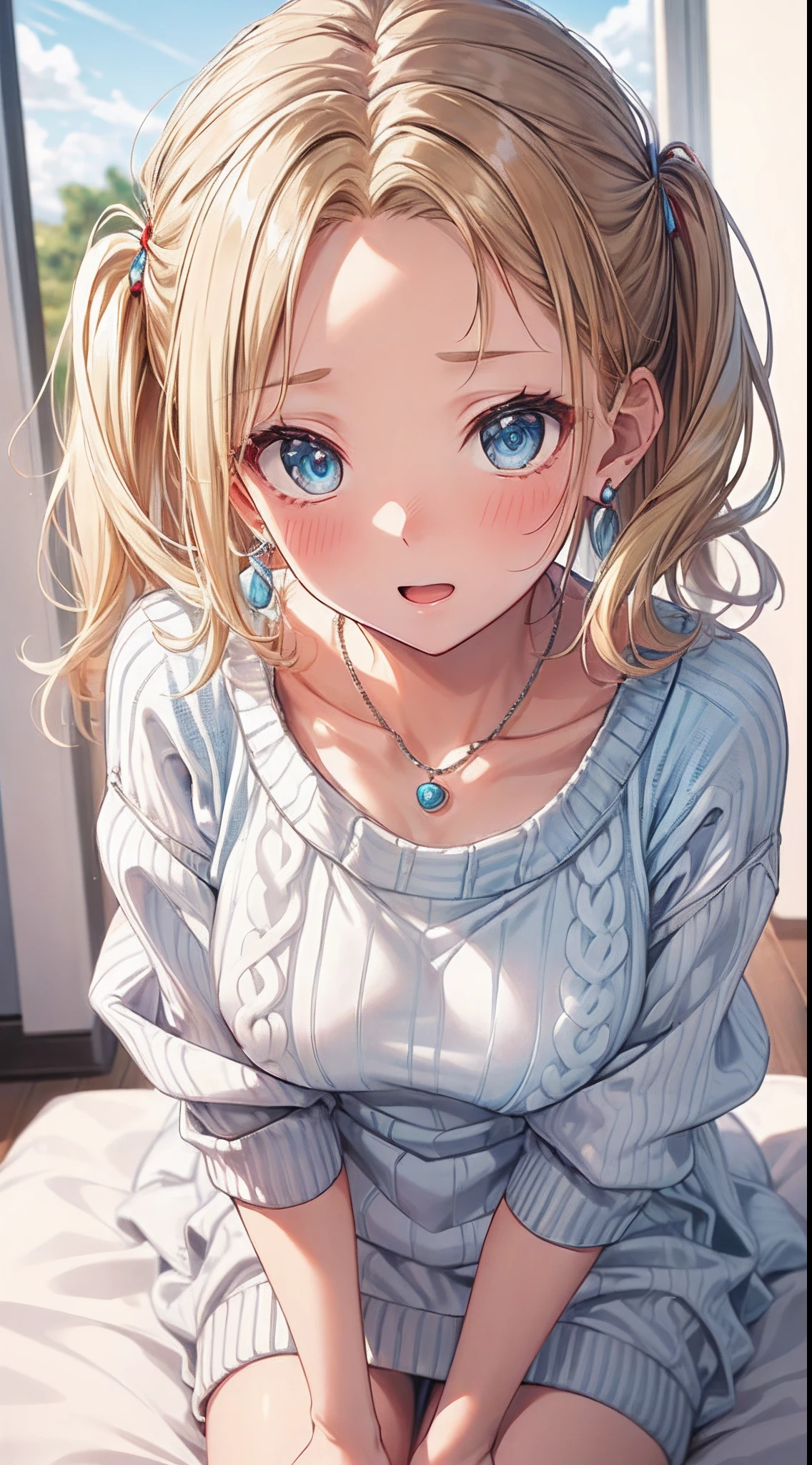 absurderes, ultra-detailliert,bright colour, extremely beautiful detailed anime face and eyes, view straight on, ;D, shiny_skin,25 years old, Short hair, (forehead:1.3), Blonde hair with short twin tails, Shiny hair, Delicate beautiful face, red blush、(cyan eyes:1.2), White skin, hair clips, earrings, a necklace, (blue praid sweater dress lift:1.5), (surprised:1.4),Beautiful cloud, Dusk sky,full body