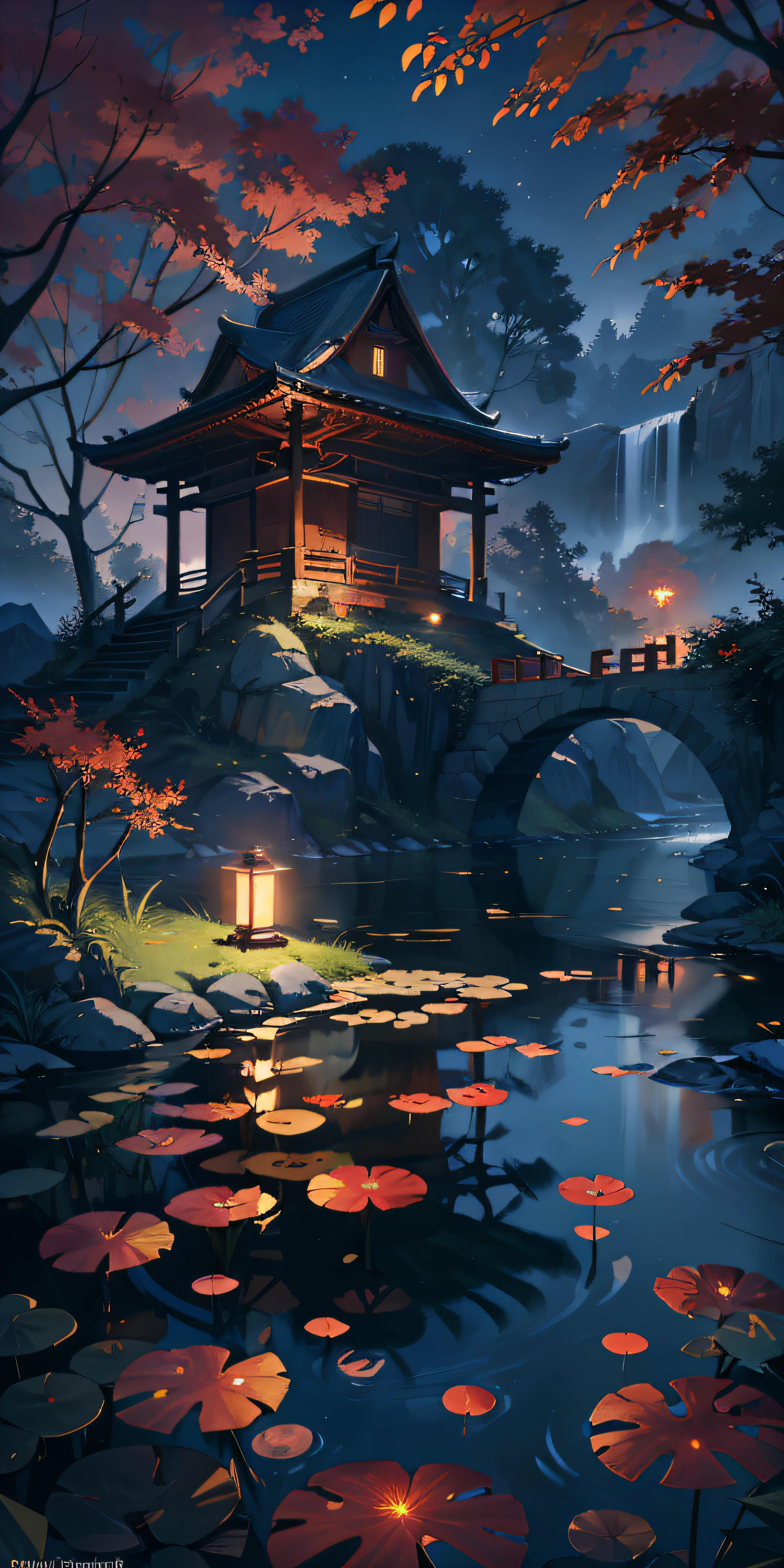 Masterpiece, best quality, (very detailed CG unity 8k wallpaper), (best quality), (best illustration), (best shadows), luminous sprite, mountain stream, (ancient Chinese architecture), stream, clear water near the lake, natural elements in a forest theme. Night Mysterious Forest, beautiful night forest, lotuses in the water, stone steps, stone bridge, night nature surrounded by night flowers, leaves and red branches surrounded by fireflies (natural elements), (night blackout), (night dark sky), (night jungle theme), (red glowing grass), (leaves), (branches), (red fireflies), (particle effects), 3D, dark background, Octane rendering, ray tracing, super detail, night, moon