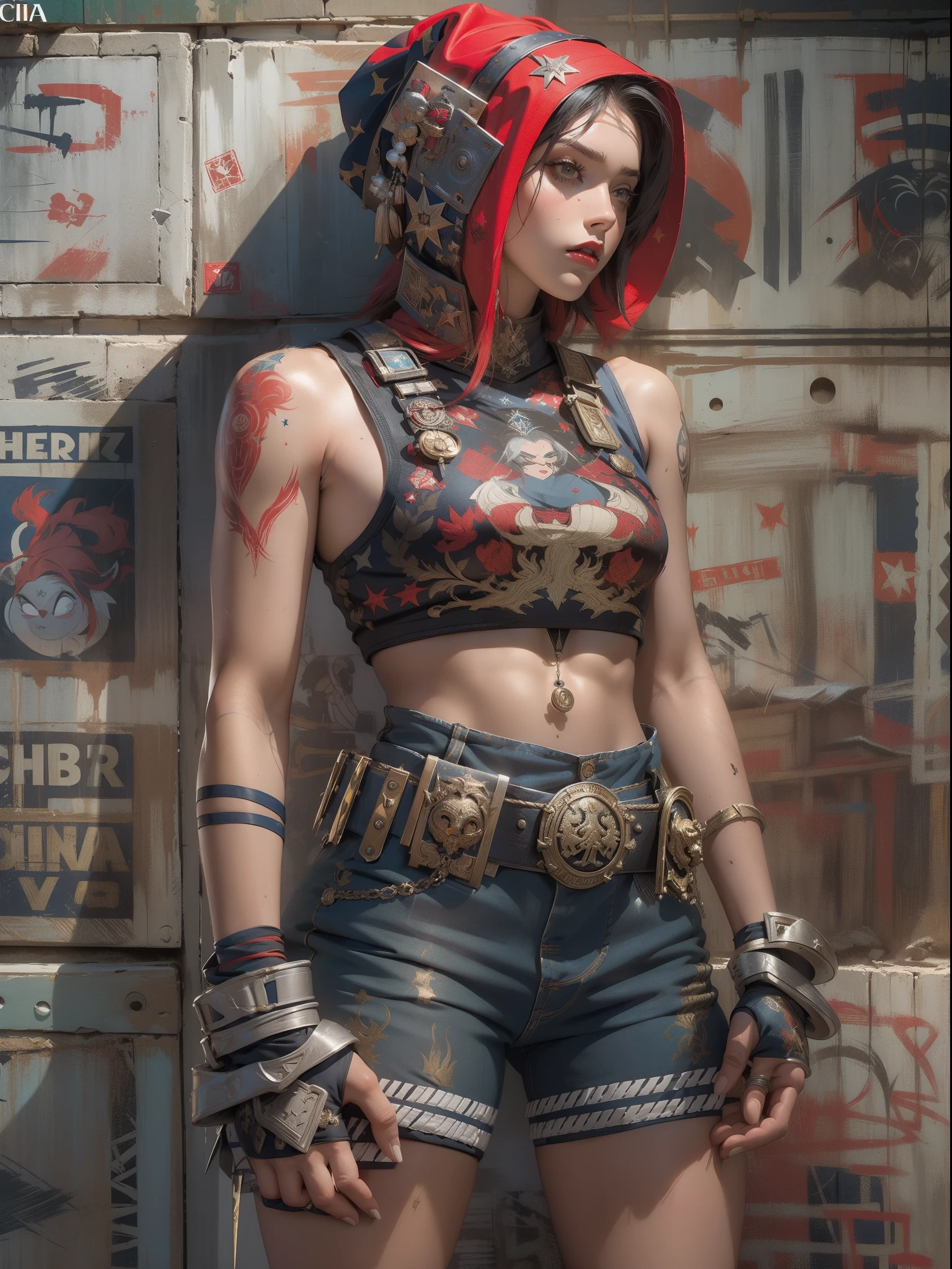 (((mulher))), (((melhor qualidade))), (((obra prima))), (((adulto))), (((1girl))), ((( corte de cabelo bob ))), ((( bonnet ))), Uma gladiadora cyberpunk mulher de 25 anos com corpo perfeito, shoulder pads with metal spines, Gladiadores do Brooklyn, (( corte de cabelo bob )), tiny leather panties, camiseta de time de rugby rasgada, quase nua no estilo selvagem urbano de Simon Bisley para a capa da revista Heavy Metal, Cabelo loiro curto, Minimum clothing, Metal protection on the left arm with intricate graphics, Dark red with white stars and white and navy blue checkerboard pattern, armadura, cheio de pontas e rebites, (((do joelho pra cima))), cabelos loiro branco curto, no fundo uma parede pintada por Shepard Fairey com um design intrincado