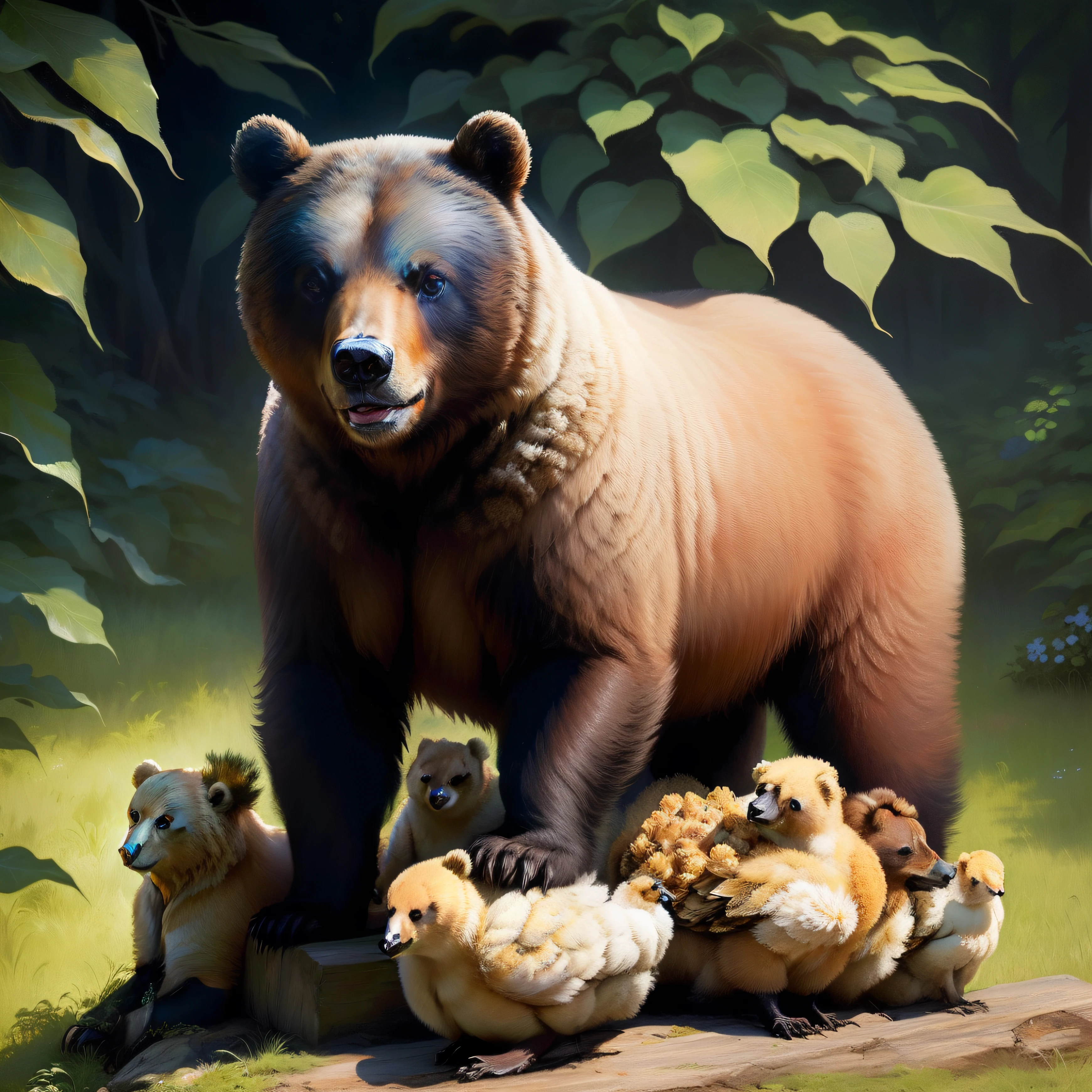 Bear on top of chicks
Not human
animal