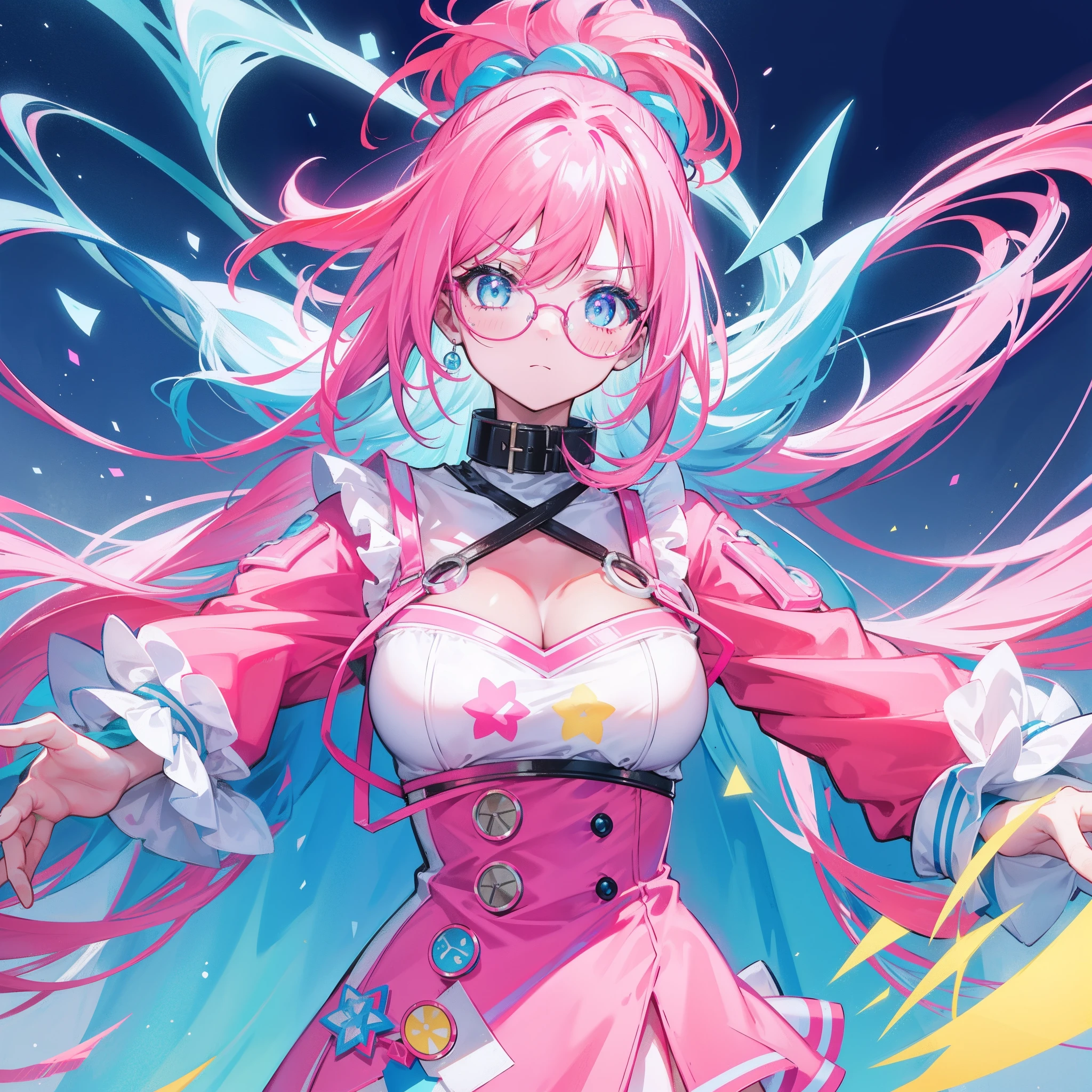 Neon-like vivid blue gradient to bright pink hair，Tied with a high ponytail，With round thick-rimmed glasses，Pink collar，red colour，In pink，Yellow with cream dress，A cute girl who looks fierce