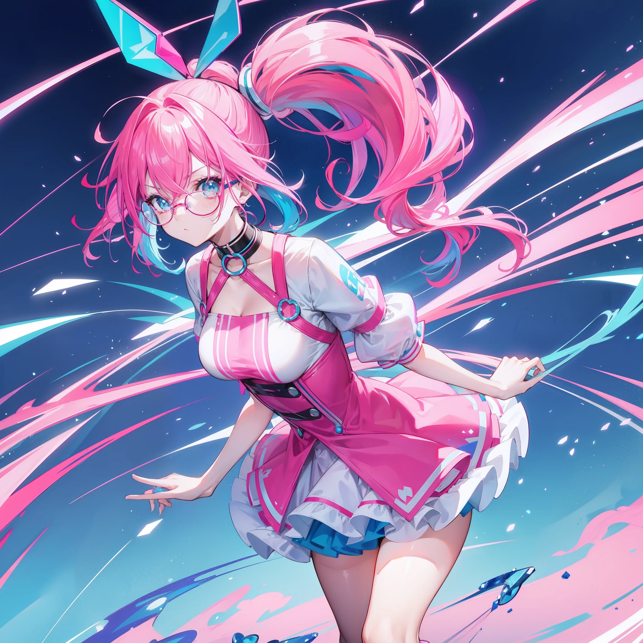 1 girl,amazing quality, aesthetic, aesthetic,ultra-detailed face,detailed eyes,red eyes,heart-shaped irises,,lash extension,pink hair,long twin tails,(psychedelic,magical girl:1.2),Heart shaped brooch,dynamic pose,boots, kicking,smile,looking at viewer,from above,Meteor shower,star and hart effect,masterpiece,8K,top quality, highly detailed illustration