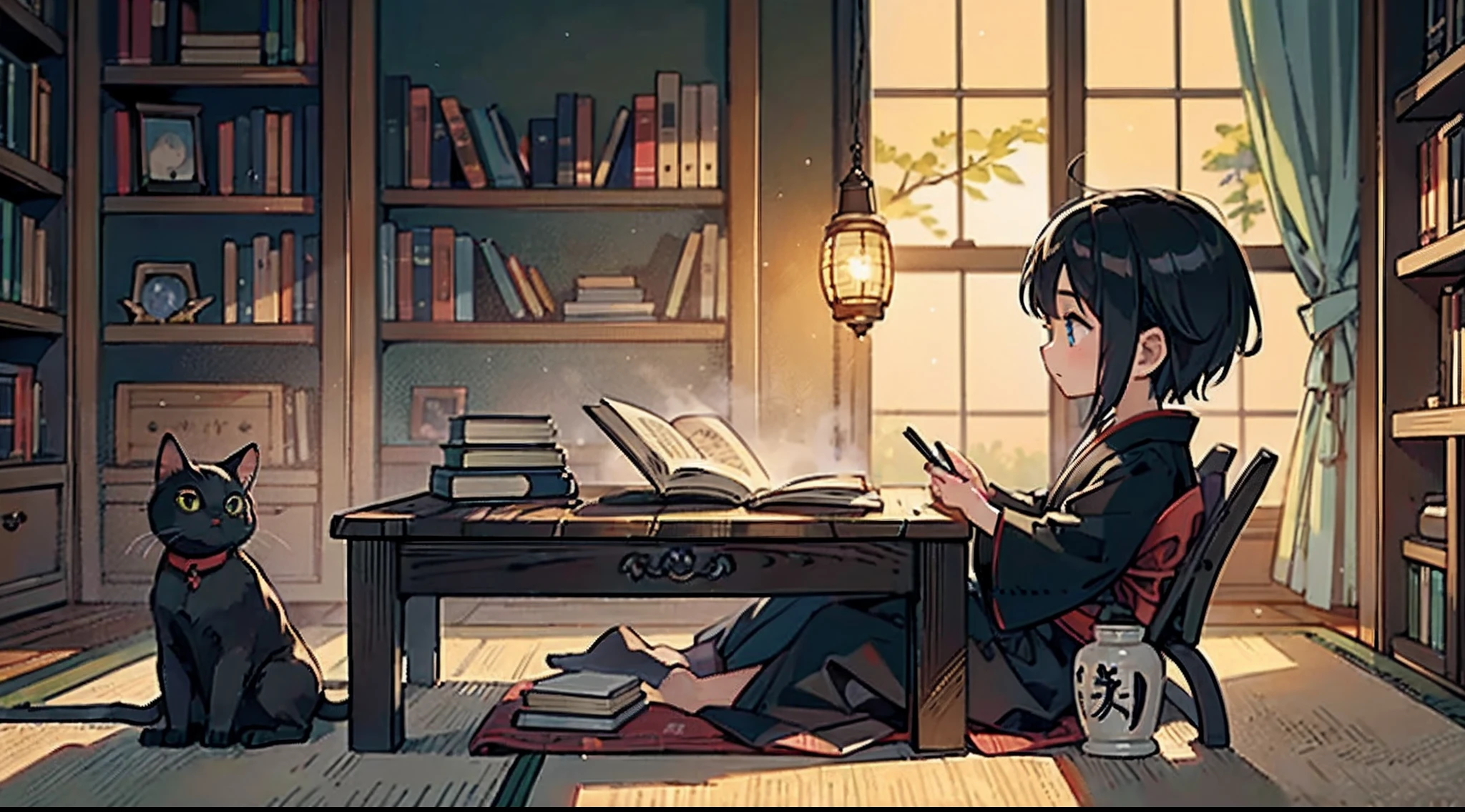 #Quality (intricate-detail、ultra-detailliert:1.2),
#night sky (darkness of night,no light),
#one writing boy ( male、writer,Honor Students、A dark-haired、short-hair、hakama,sit flat),
#black room at night (no light,black cat,books on desk,one candle,pretty tatami,a lot of books,bookshelf)