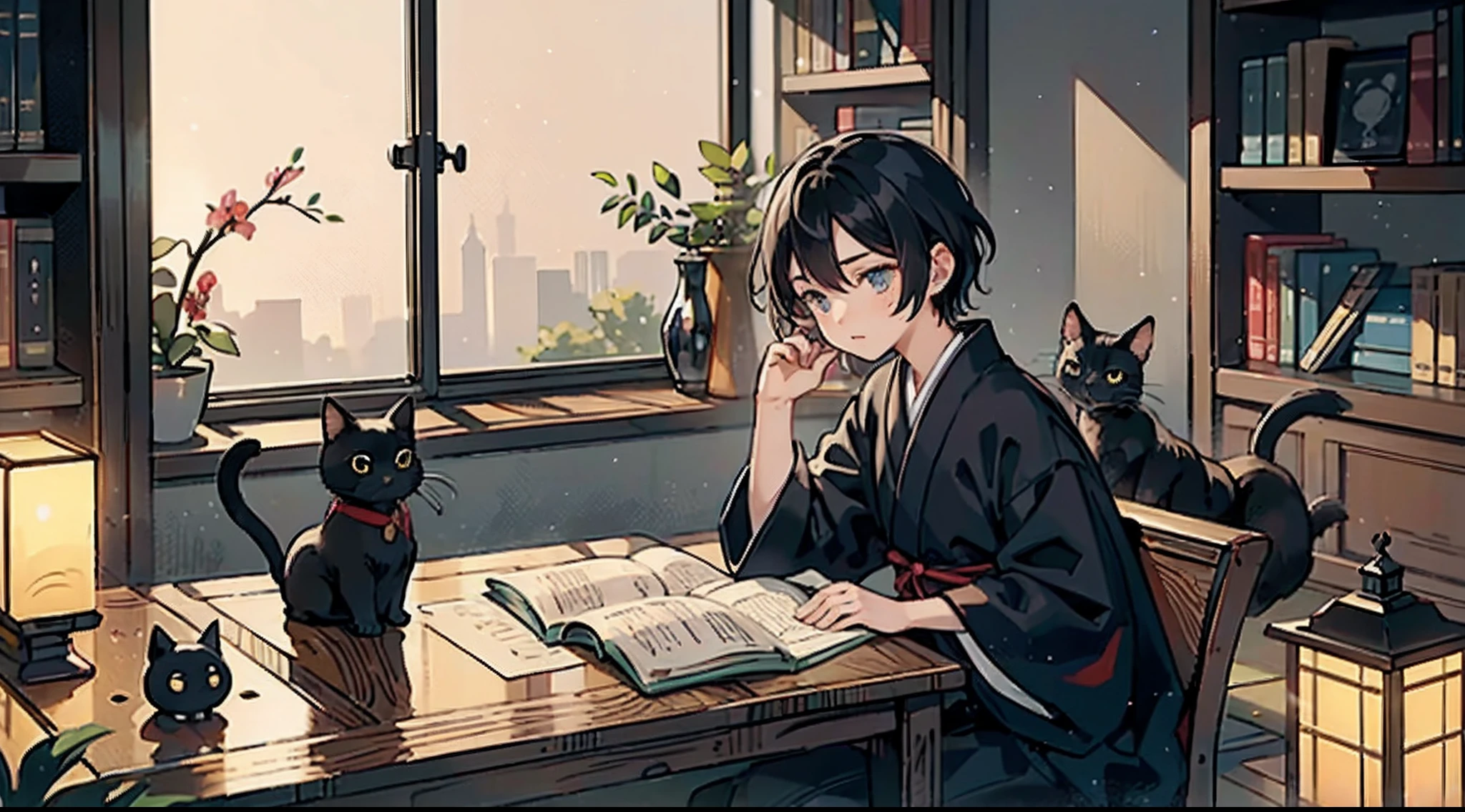 #Quality (intricate-detail、ultra-detailliert:1.2),
#night sky (darkness of night,no light),
#one writing boy (16 male、writer,Honor Students、A dark-haired、short-hair、hakama,sit flat),
#black room at night (no light,black cat,books on desk,one candle,pretty tatami,a lot of books,bookshelf)