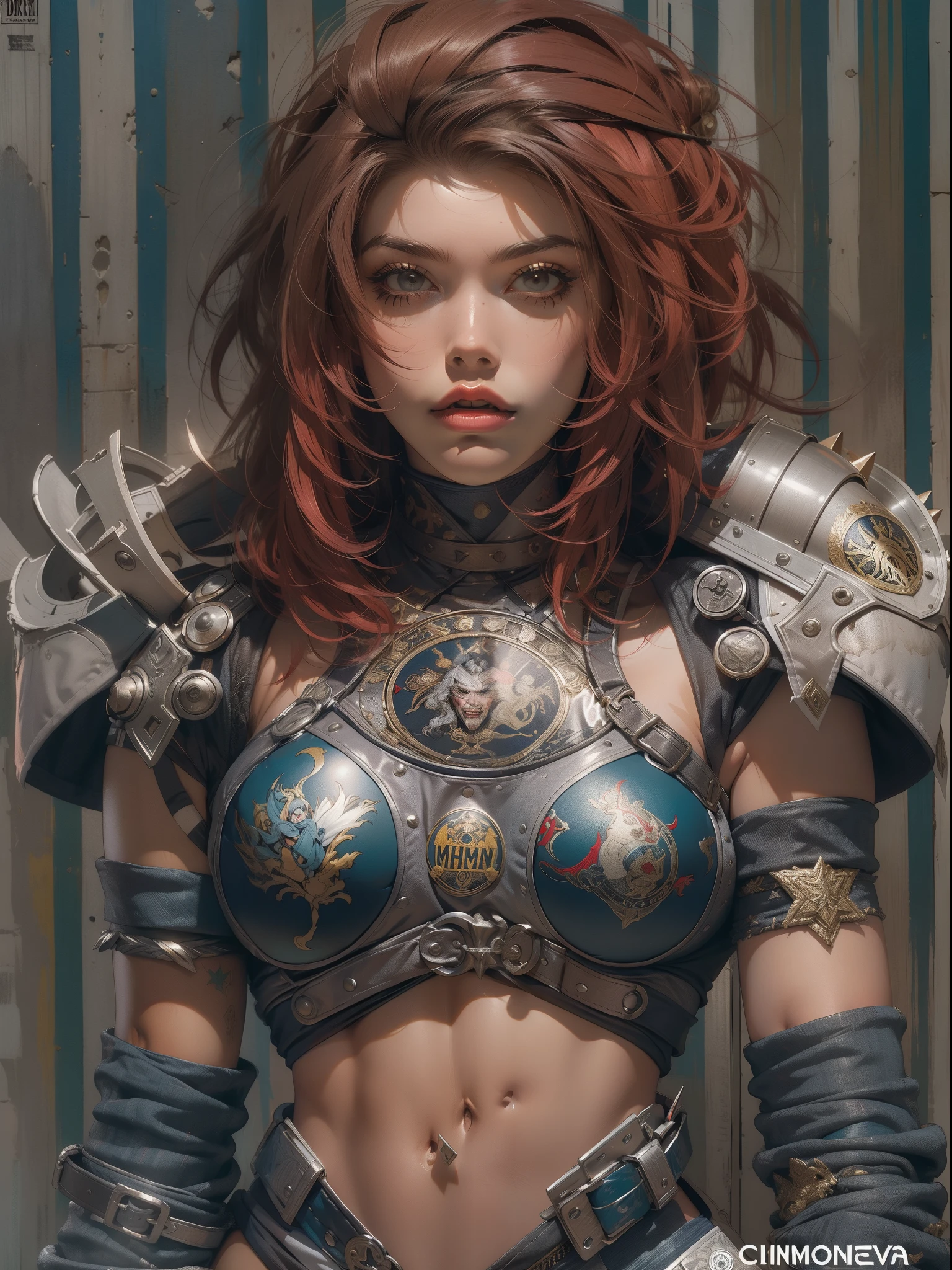 (((mulher))), (((melhor qualidade))), (((obra prima))), (((adulto))), (((1girl))), ((( corte de cabelo bob ))), ((( bonnet ))), Uma gladiadora cyberpunk mulher de 25 anos com corpo perfeito, shoulder pads with metal spines, Gladiadores do Brooklyn, (( corte de cabelo bob )), tiny leather panties, camiseta de time de rugby rasgada, quase nua no estilo selvagem urbano de Simon Bisley para a capa da revista Heavy Metal, Cabelo loiro curto, Minimum clothing, Metal protection on the left arm with intricate graphics, Dark red with white stars and white and navy blue checkerboard pattern, armadura, cheio de pontas e rebites, (((do joelho pra cima))), cabelos loiro branco curto, no fundo uma parede pintada por Shepard Fairey com um design intrincado