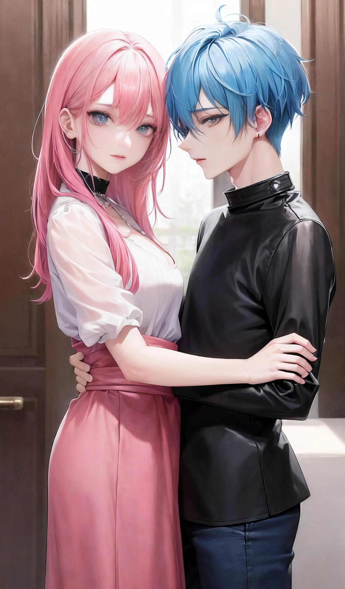 ((Male and female couples)), window, Idol Photos, Photos of actors, Professional Photos, Height difference, tall male, Happiness, youthfulness, extra detailed face, detailed punk hair, very detailed character, inspired by Sim Sa-jeong, Cai Xukun's, detailed realistic faces, highly detailed realistic face, high detailed face anime, realistic detailed face, Accurate detailed face, attractive androgynous humanoid, Cool Korean fashion in black, ((With a man with light blue hair)), ((Woman with pink hair)), ((Woman with long hair below waist)), ((Man with short hair over ears)), ((Pink hair woman with gentle expression)), ((Man with light blue hair with wild expression)), high-level image quality, ​masterpiece, Photographed so that the whole body can be seen, Photographed to make clothes look beautiful, Take your eyes off, ((two individuals)), ((British couple))