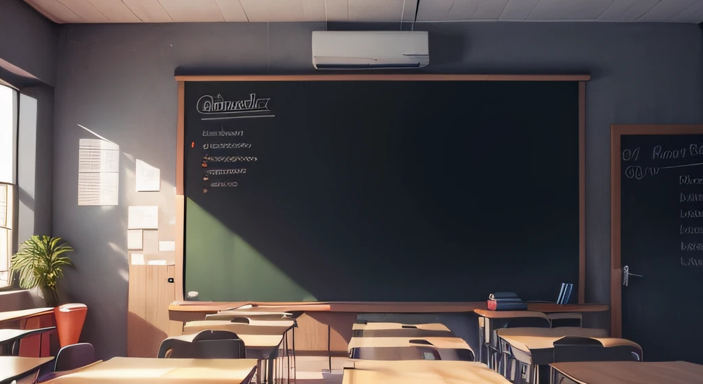 a blackboard that occupies the image center and that is inside a classroom, a palheta de cor tende ao amarelo, The art style is similar to cartoon