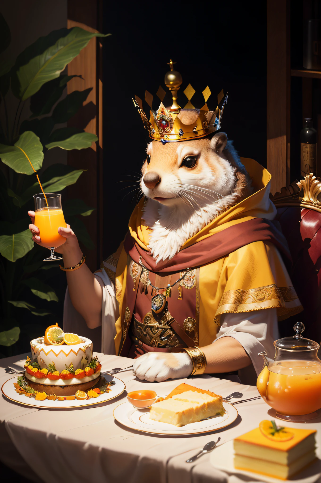 Marmot with a crown,anthropomorphic turtle,Mango juice drink in hand,Cakes with candles on the table,Hyper-realistic