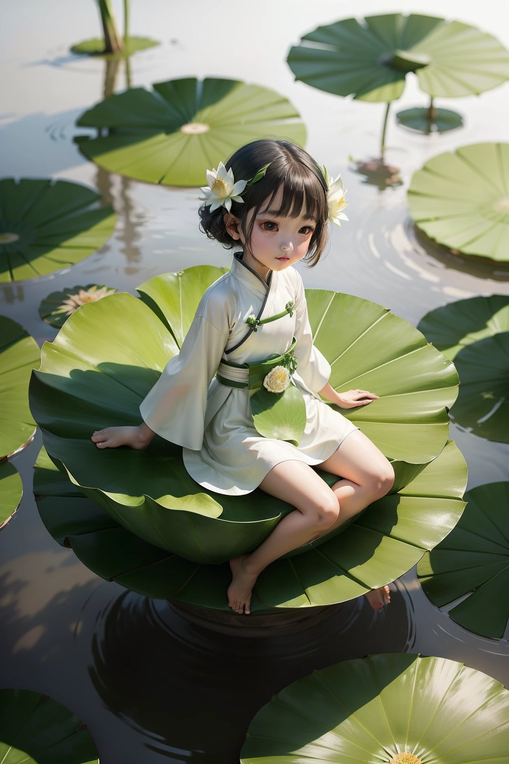 Pods full of lotus flowers, A little girl happily sits on the lotus leaves of a pod, Huge lotus leaf, Barefoot, Dressed in white and green Hanfu, Light and shadow, A masterpiece