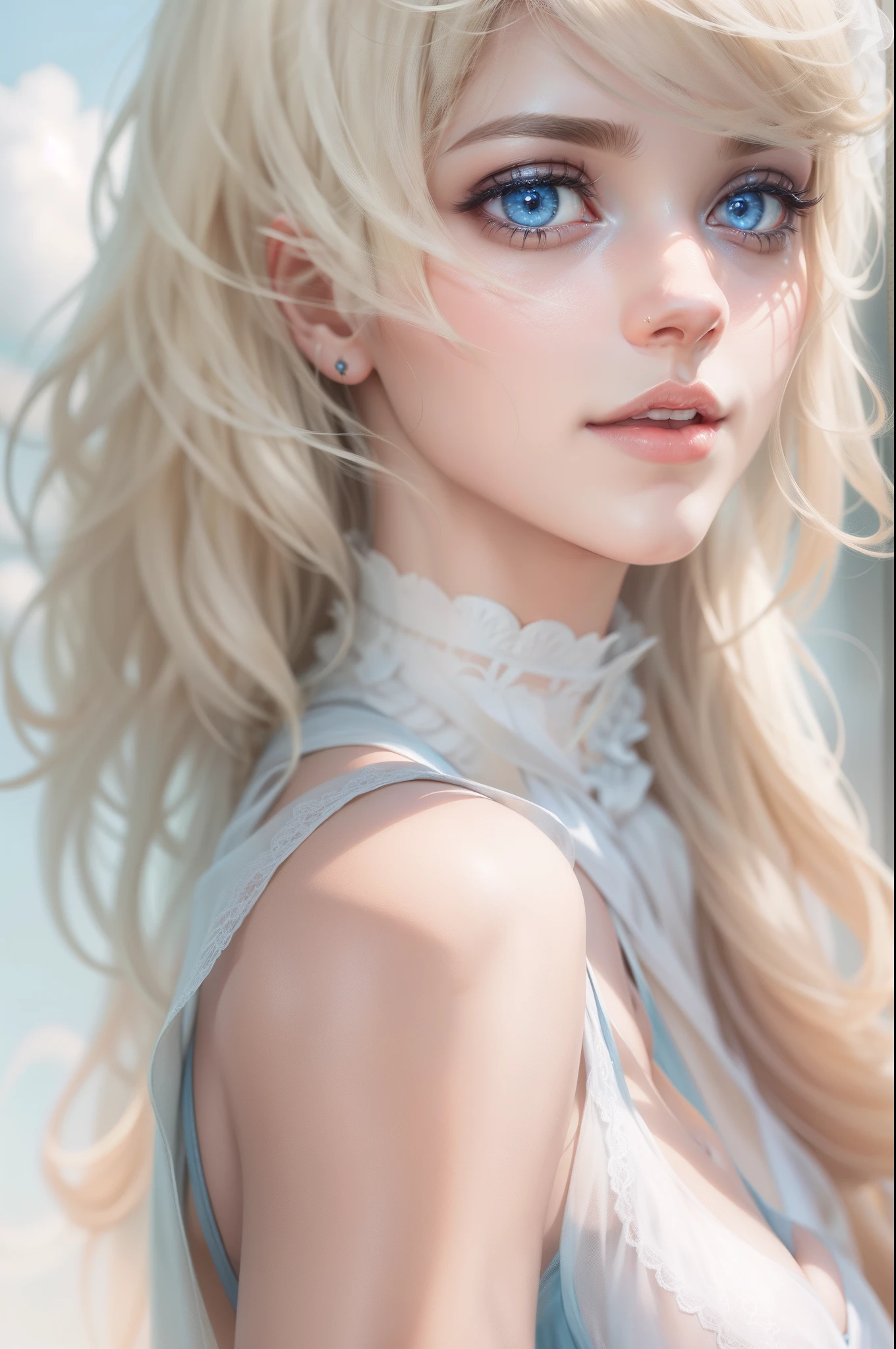 Blonde woman with blue eyes and veil on head、Soft portrait shots 8 k、Photorealistic beautiful face、8K portrait rendering、Realistic beautiful face、beautiful realistic face、photorealistic anime girl render、hyperrealistic beautiful face、8K realistic digital art、realistic digital art 4k、realistic digital art 4 k、very realistic digital art,{{{{Dynamic Angle Full Body}}}},{{{{Dynamic Angle Full Body}}}}