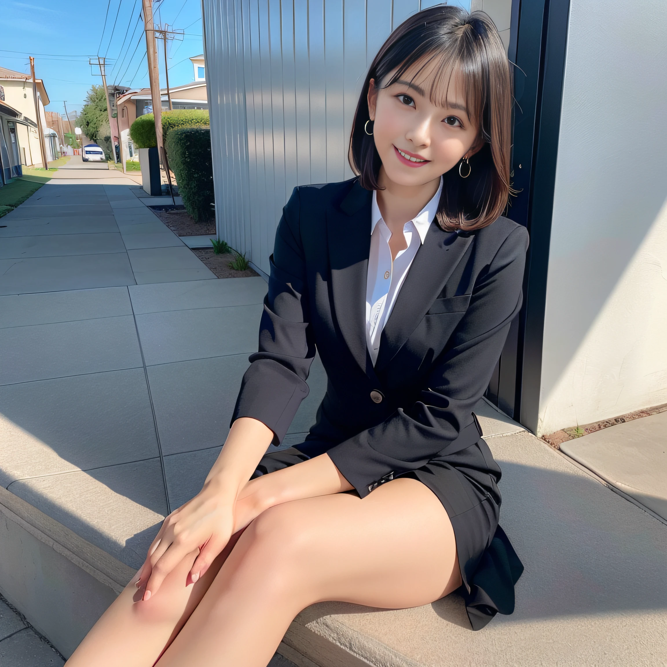 (8K, top-quality, ​masterpiece:1.2), (realisitic, Photorealsitic:1.37), ultra-detailliert, 1 girl in, full body Esbian, outside of house, (Adjusted hair:1.5) Officelady, Black Office Blazer, Office Skirt, (panthyhose: 1.2)、(Short button-down shirt:1.2)、Button Up Color Prim、Button Down Color Prim、bura、(panthyhose:1.2)、Alpha Layer、high-heels、earring beautiful、cute little、独奏、Beautiful detailed sky、(A smile:1.15)、(Mouth closed)、tiny chest、Eyes in Beautiful Details、Business attire、（short-hair：1.2）、