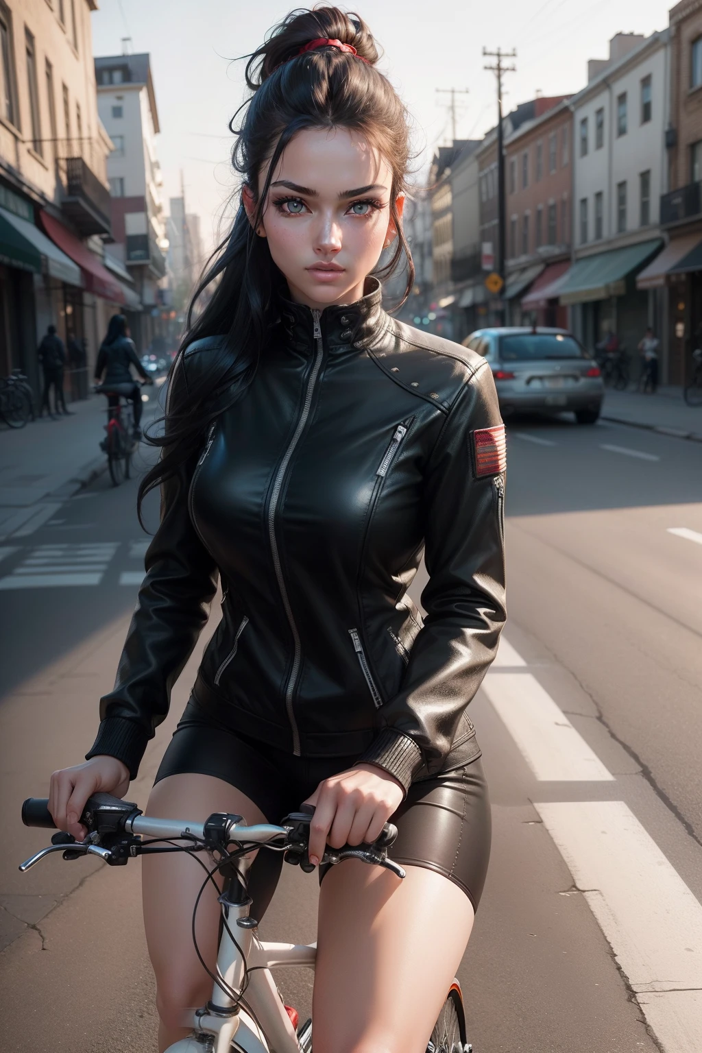 1girl, beautiful girl, Body Length 150 cm, 20 years old, (black hair, Rebel Hairstyle) , (Red eyes), realistic eyes, beautiful and sharp eyes), masculine clothing, Biker clothing, medium breasts, (8k wallpaper), (Street wallpaper) 8k, high quilty, realistic, beautiful realistic, Cool details, raw photo, realistic clothing, black hair, realistic hair, realistic eyes, Light and cool lighting, photo realistic, Cel shaded, Gel lighting, ultra details, ((Riding a bike on the street)), (in the morning)