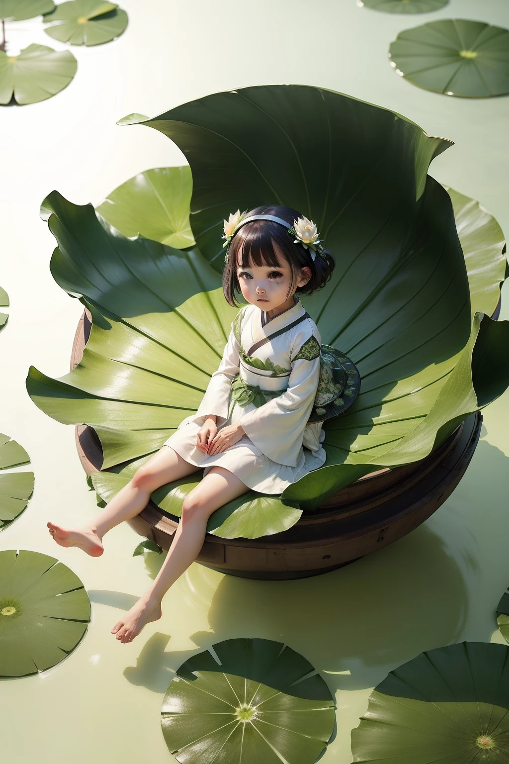 Pods full of lotus flowers, A little girl happily sits on the lotus leaves of a pod, Huge lotus leaf, Barefoot, Dressed in white and green Hanfu, Light and shadow, A masterpiece