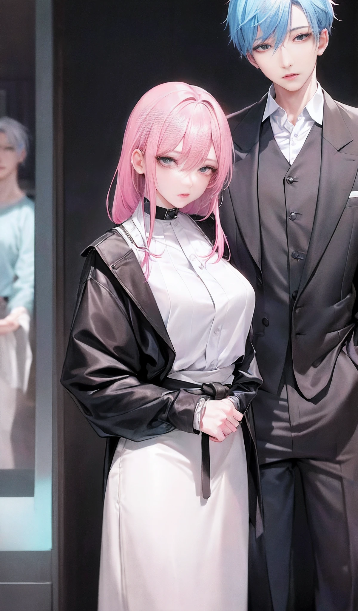 ((Male and female couples)), window, Idol Photos, Photos of actors, Professional Photos, Height difference, tall male, Happiness, youthfulness, extra detailed face, detailed punk hair, very detailed character, inspired by Sim Sa-jeong, Cai Xukun's, detailed realistic faces, highly detailed realistic face, high detailed face anime, realistic detailed face, Accurate detailed face, attractive androgynous humanoid, Cool Korean fashion in black and white, ((With a man with light blue hair)), ((Woman with pink hair)), ((Woman with long hair below waist)), ((Man with short hair over ears)), ((Pink hair woman with gentle expression)), ((Man with light blue hair with wild expression)), high-level image quality, ​masterpiece, Photographed so that the whole body can be seen, Photographed to make clothes look beautiful, Take your eyes off, ((two individuals)), ((British couple))