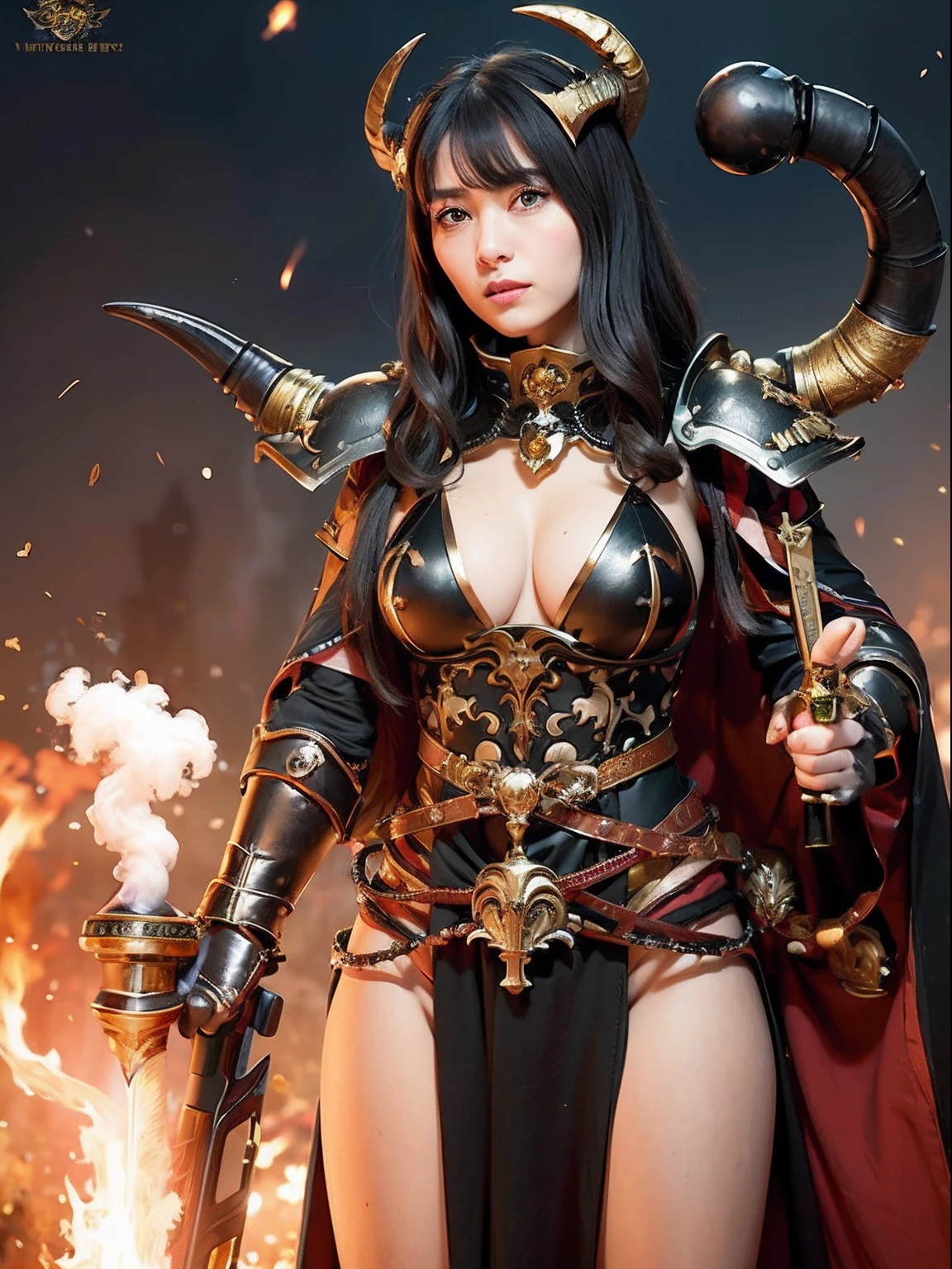 Professional , ​masterpiece、top-quality、photos realistic , depth of fields 、(A dark-haired) 、（Gemstone White Metal Body:1.９),(Matte Black、Jewel Gold Weapon（Jewel Metal Body:1.４),Gorgeous metal weapons ,Particles of light、（Black wings）、（（ Detailed and gorgeous sword of the brave）） ,Light Effects、intense fighting、Wind-effect、magic circles、 (A dark-haired)  ,warhammer 40k ,Detail and ornate jewel crown、With the legendary magic wand、Dragon's tail、explosions、（（Micro Bikini Armor））、（（Gangle's forest background））、Beautiful Caucasian beauty、１a person、dynamic ungle,(((Details of the two demon horns on the head)))、Smaller head、A smile、Background inside the castle、Thin and beautiful female hands、cleavage of the breast、Soldier in iron armor on background、Mystical expression、Light Effects、Wind-effect、With the legendary magic wand、（wingspan）、Toostock、Anatomically correct body、