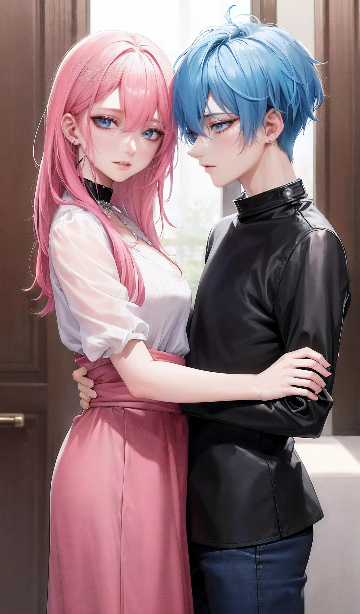 ((Male and female couples)), window, Idol Photos, Photos of actors, Professional Photos, Height difference, tall male, Happiness, youthfulness, extra detailed face, detailed punk hair, very detailed character, inspired by Sim Sa-jeong, Cai Xukun's, detailed realistic faces, highly detailed realistic face, high detailed face anime, realistic detailed face, Accurate detailed face, attractive androgynous humanoid, Cool Korean fashion in black, ((With a man with light blue hair)), ((Woman with pink hair)), ((Woman with long hair below waist)), ((Man with short hair over ears)), ((Pink hair woman with gentle expression)), ((Man with light blue hair with wild expression)), high-level image quality, masterpiece, Photographed so that the whole body can be seen, Photographed to make clothes look beautiful, Take your eyes off, ((two individuals)), ((British couple))