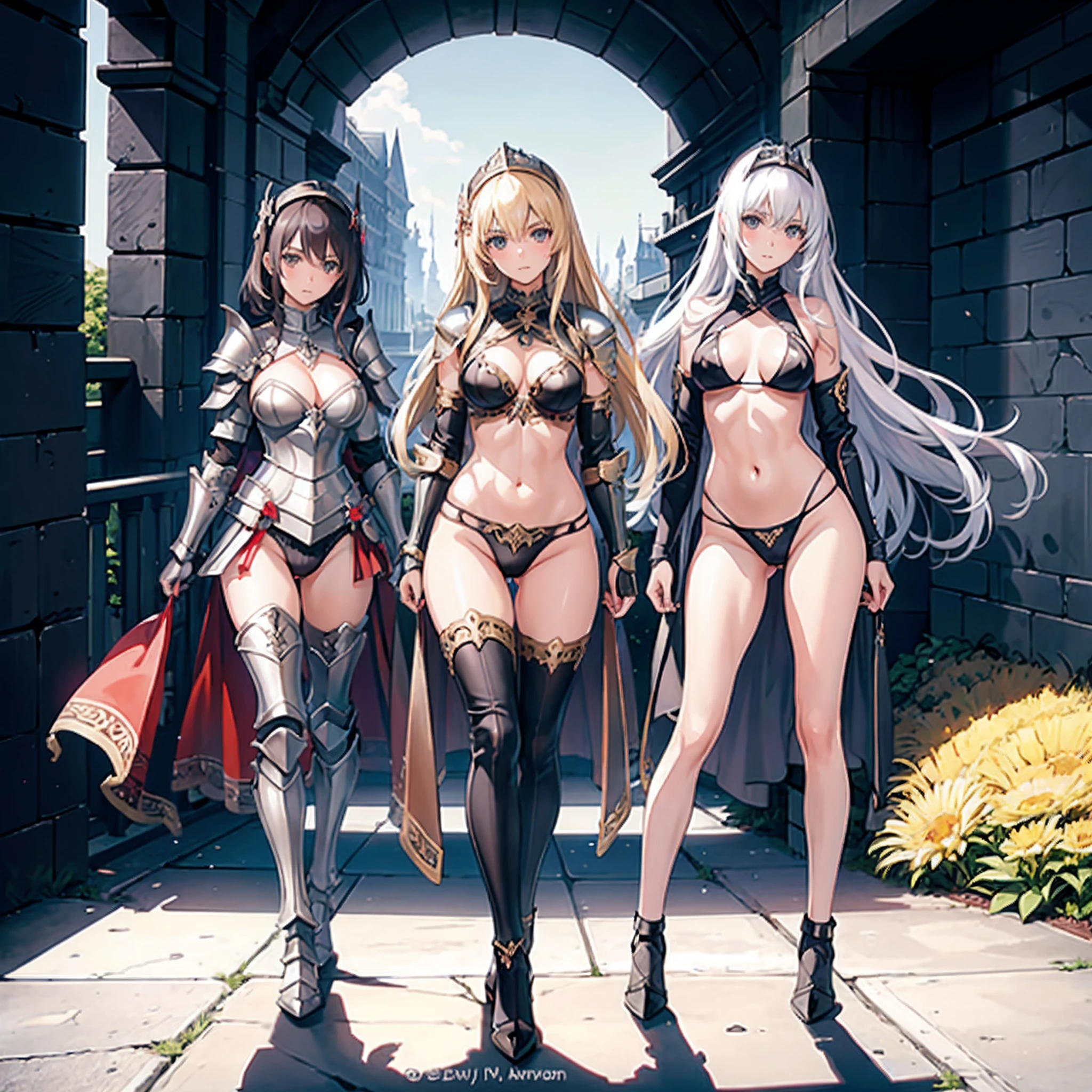 3girls,milf), (((mature female,adult female))),masterpiece, Top  Quality, ultra-definition, max resolution, A highly detailed, clean skin, extremely sexy,large breasts,blush,high legs,thong,armor girl, bikini armor female knight, Bikini Armor, bikini-armor, bikini-armor, ornate bikini armor, Female knight, Gorgeous Female Paladin,Beautiful armor,cleavage,over-knee sock,in palace,happy,from behind,ass