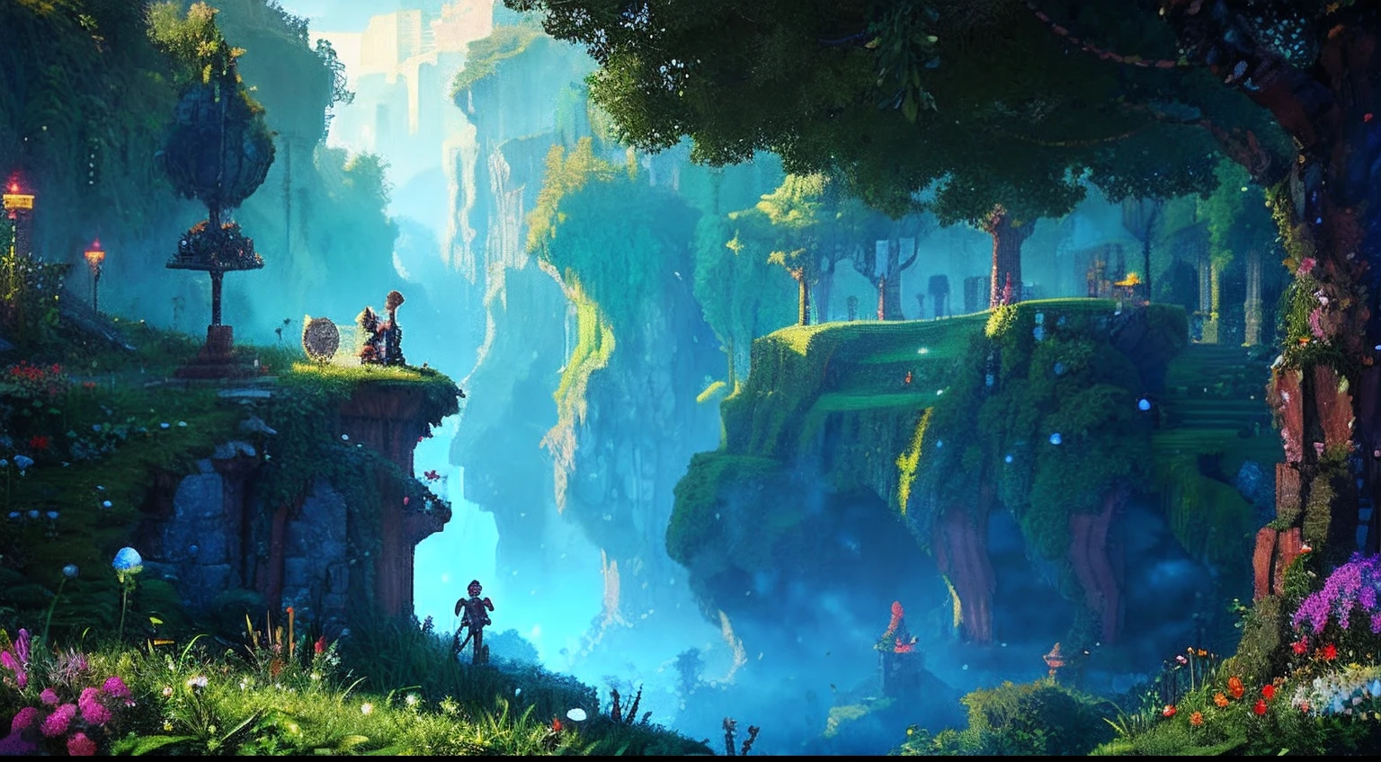 pixel game，scenography，fantastical scenes，sky cities， Pixel art #pixelart