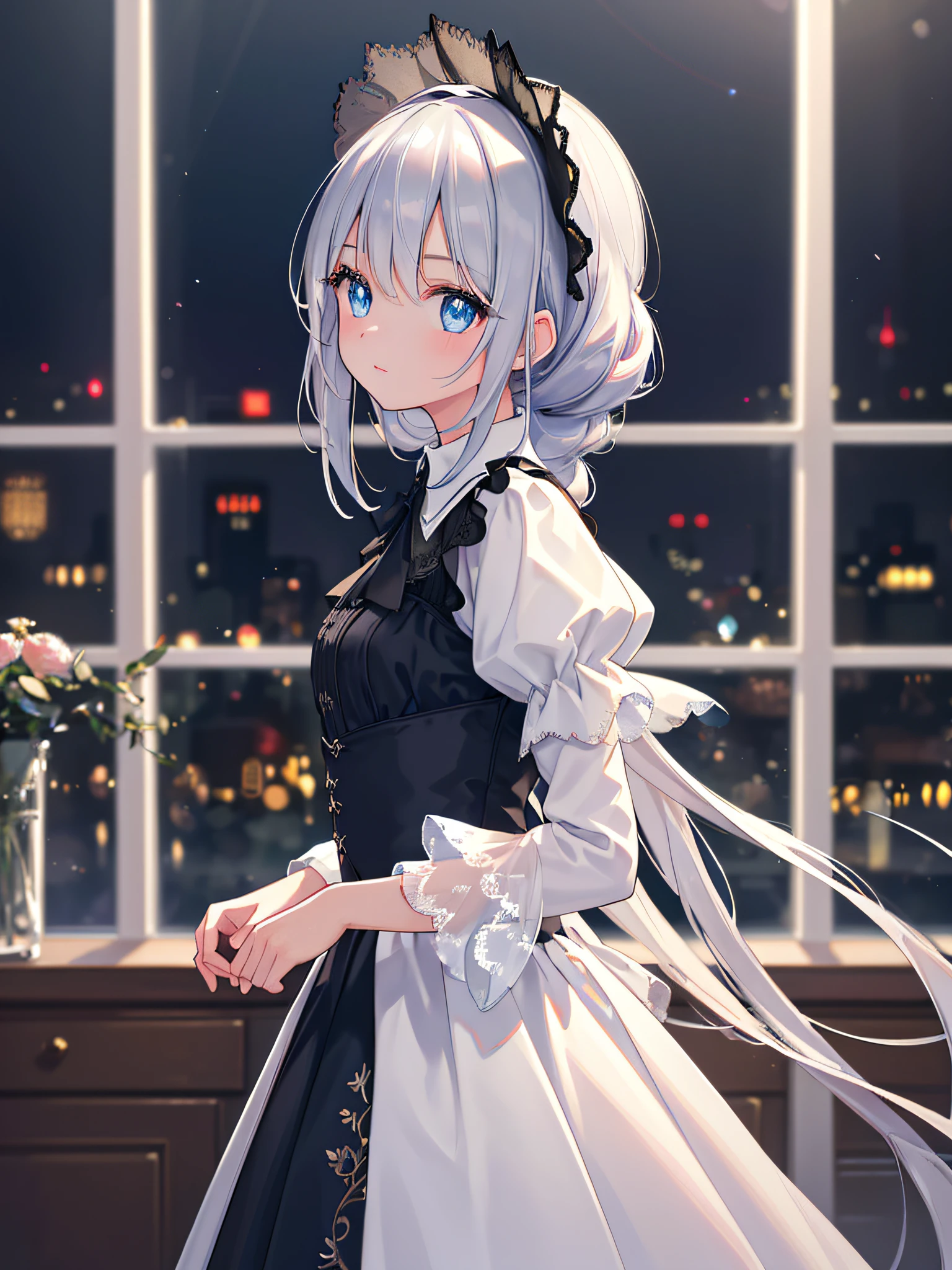 (Masterpiece:1.21), (Best quality:1.331), ((Ultra-detailed)), ((extremely best illustration)), ((Amazing)), (hyper qualit), Gorgeous and rich graphics,
(Extremely delicate and beautiful:1.21), 8K, the wallpaper, (extremely beautiful lighting), hard light, Delicate composition, (Perfect positioning), (extremely beautiful and detailed background:1.21), Rembrandt style expression of light and shadow, Dark tone, (low tune, High differential color levels), ((Depth of field)), deepshadow,
Dynamic Angle, From the side Side, Upper body, Radial blur,
(City lights, The background is blurred out),
(1girll),(Beautiful detailed eyes), offcial dress,Clear blue eyes, Long silver French braided hair,
Lens flare, floor to ceiling window,(Night view of the city outside the window 1.2), Masterpiece, Best quality,close up photograph