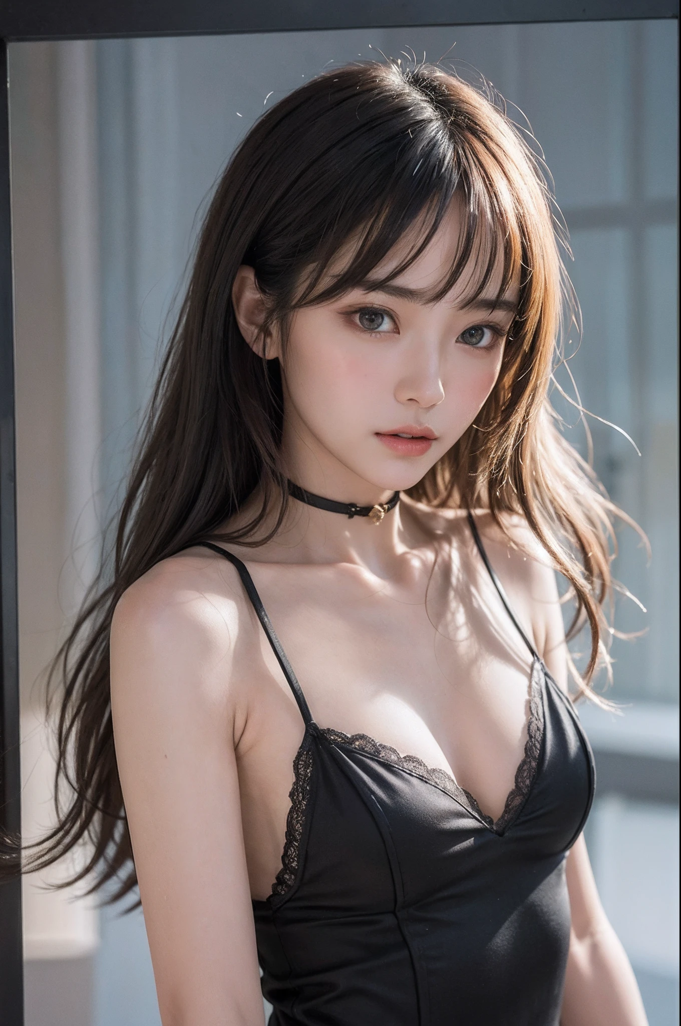 randome pose, mix4, (8k, RAW photos, best qualtiy, tmasterpiece: 1.45), (realisticlying, realisticlying: 1.37), one-girl, adolable,posing on a, view over city, the night, Sateen, dampness, profesional lighting, photon maping, Radio City, physically-based renderingt, gradient brunette hair, greyt hair, short and wavy hair, handsome, Kizi, deep V neckline slip dress, paleskin, High quality photos, A high resolution, 1080p, (Clear face), (Detailed face description), (Detailed hand description), (tmasterpiece),(Delicate CG),extreme light and shadows,messy hair,tmasterpiece,rich details,(finely detailed facial features),(a photograph of highest quality),(tmasterpiece),(Detailed eyes),Look at your eyes,Fine collarbones,(:1.47),