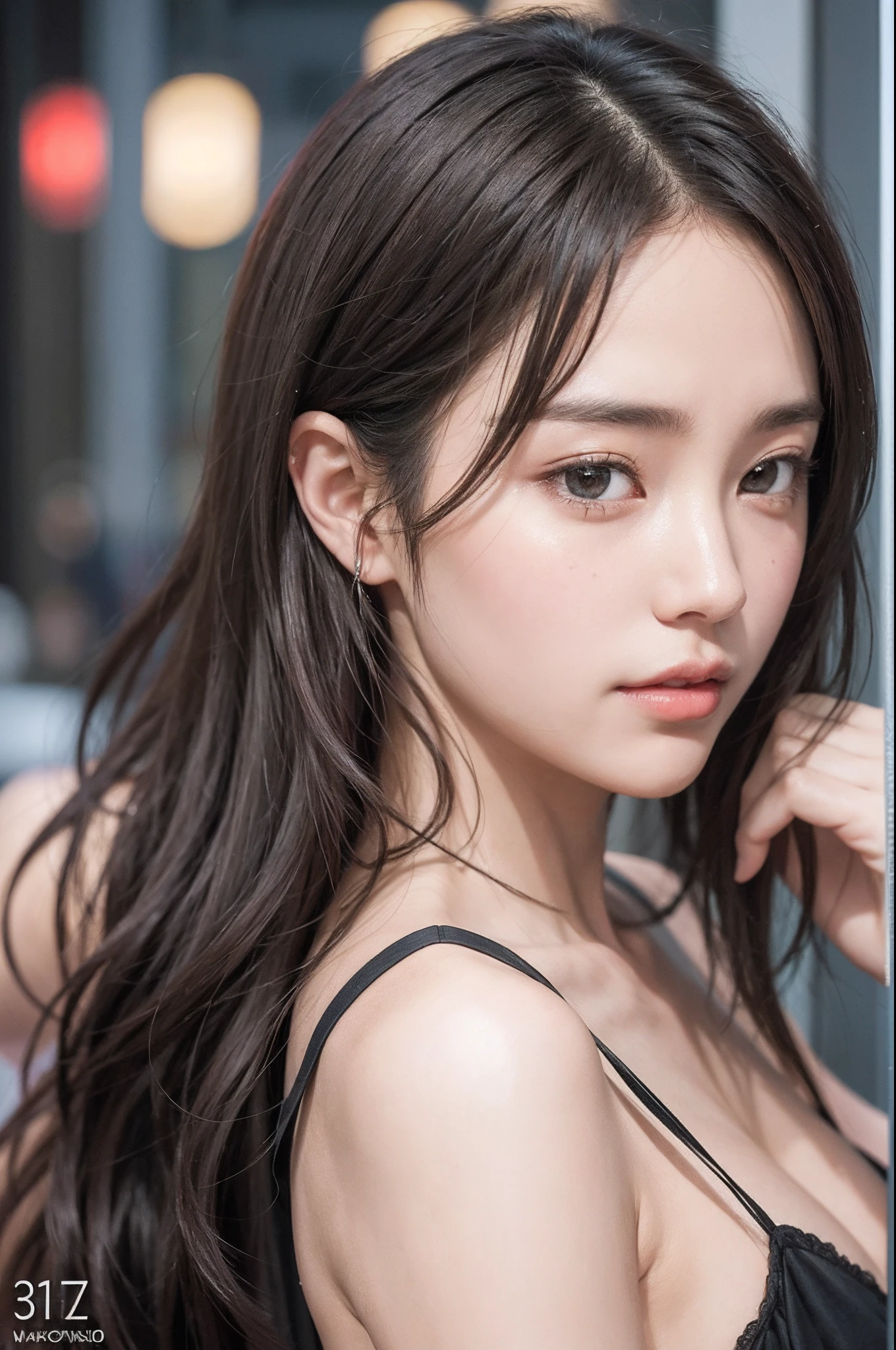 randome pose, mix4, (8k, RAW photos, best qualtiy, tmasterpiece: 1.45), (realisticlying, realisticlying: 1.37), one-girl, adolable,posing on a, view over city, the night, Sateen, dampness, profesional lighting, photon maping, Radio City, physically-based renderingt, gradient brunette hair, greyt hair, short and wavy hair, handsome, Kizi, deep V neckline slip dress, paleskin, High quality photos, A high resolution, 1080p, (Clear face), (Detailed face description), (Detailed hand description), (tmasterpiece),(Delicate CG),extreme light and shadows,messy hair,tmasterpiece,rich details,(finely detailed facial features),(a photograph of highest quality),(tmasterpiece),(Detailed eyes),Look at your eyes,Fine collarbones,(:1.47),