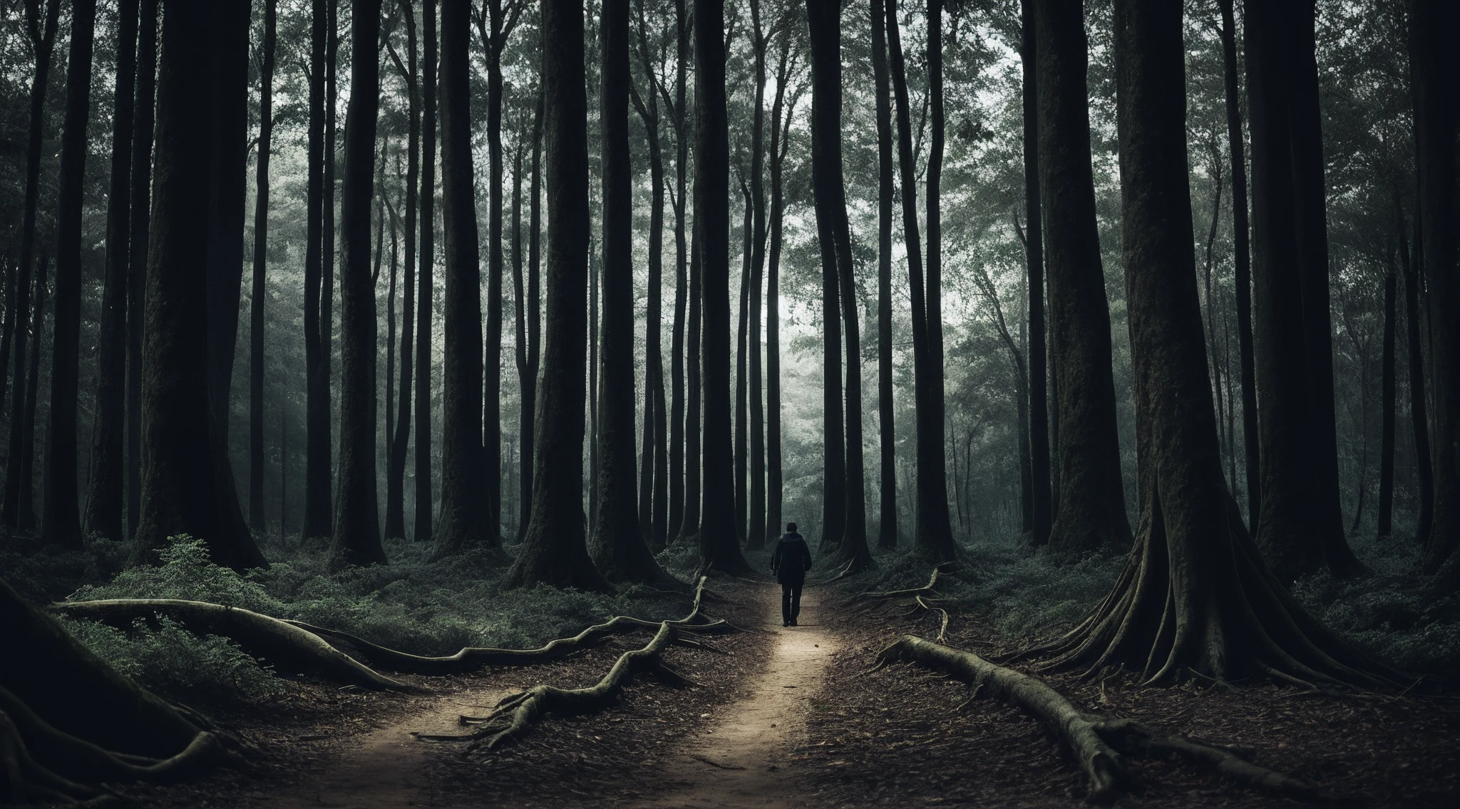 there is a path filled with tree roots and fallen logs in the woods on the ground, fir forest,  surreal forest, deep inside the forest, night forest, deep in the forest, cinematic forest moon lighting, forest moonlight, in the deep forest, in a dark forest setting, thick forest, pine forest, dark forest, moonlit forest, realistic depth of field, lonely silhouette of a man is walking along the path.