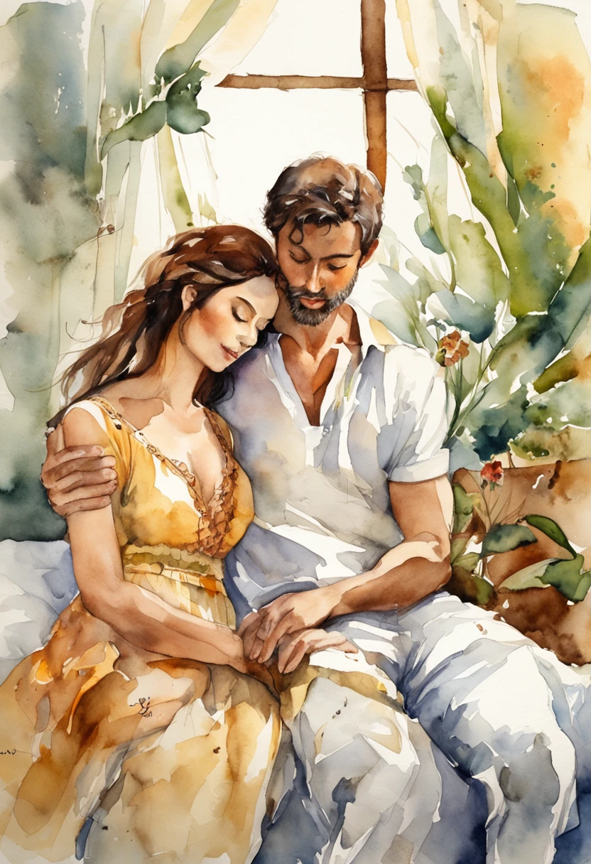 A couple in delight on top of a bed. Bodies intertwine in sensual poetry, almost clothes with birds looking out the bedroom window. Ela morena, olhos verdes. Os seios dela aparecendo.