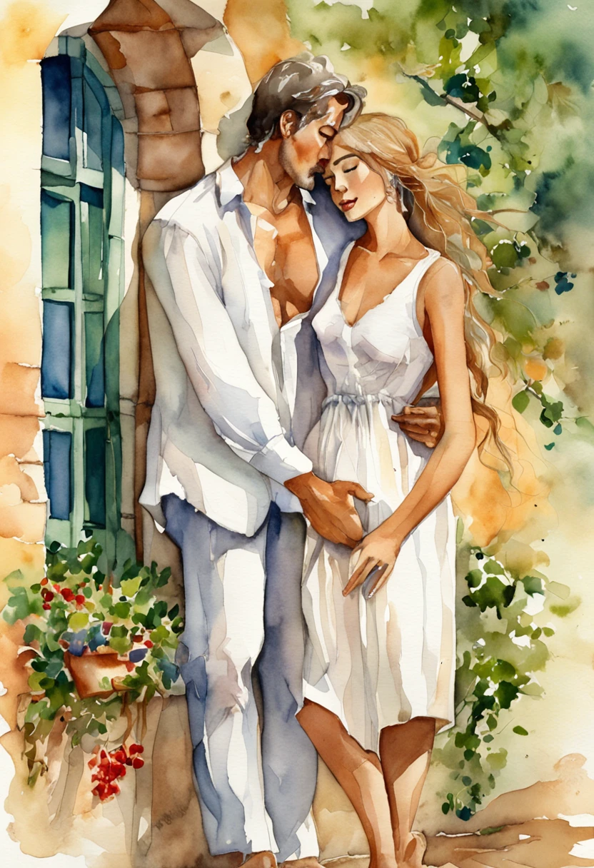 A couple in delight on top of a bed. Bodies intertwine in sensual poetry, almost clothes with birds looking out the bedroom window. Ela morena, olhos verdes. Os seios dela aparecendo.