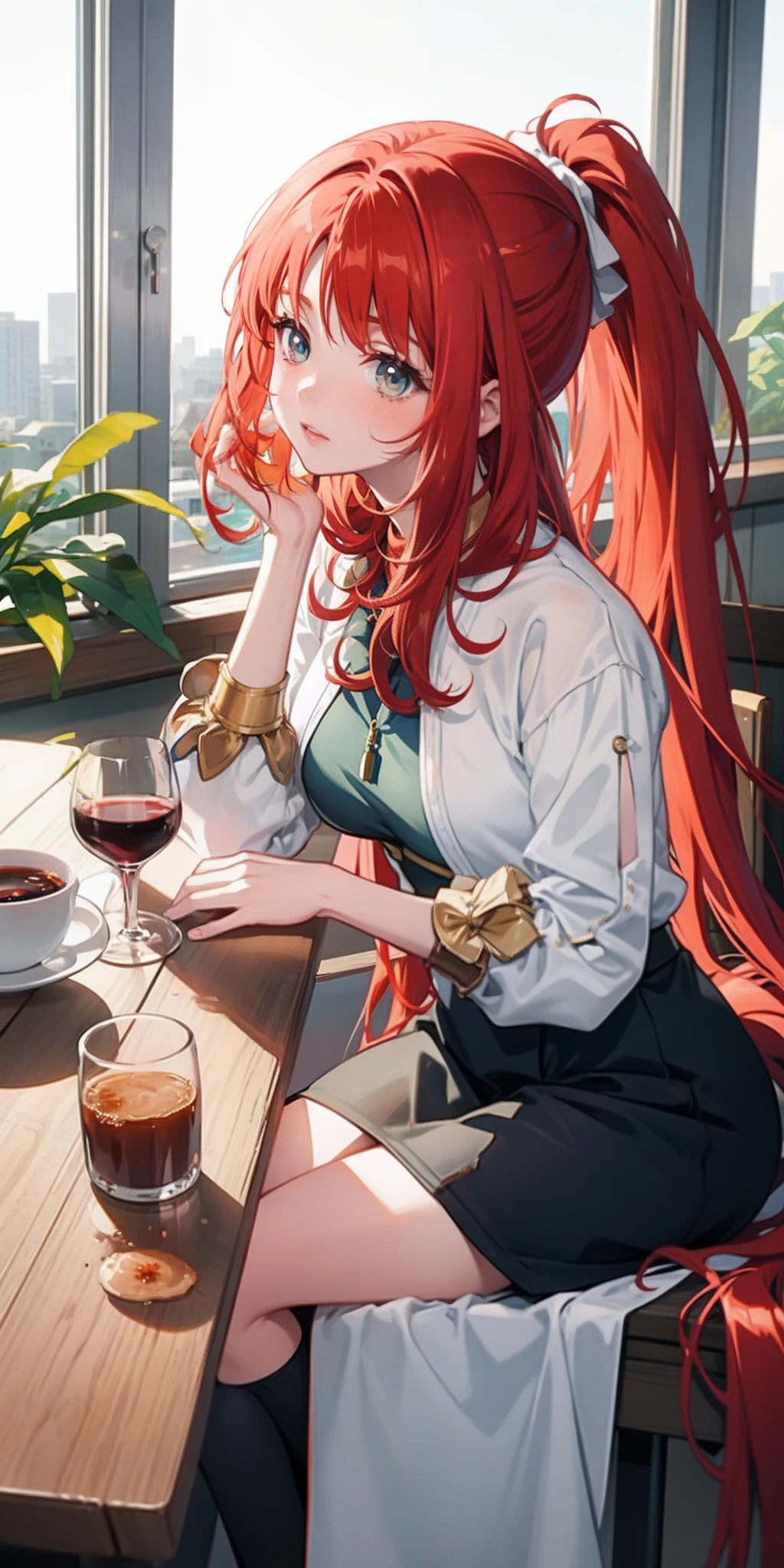 anime character sitting at a table with a glass of wine, mysterious coffee shop girl, anime visual of a cute girl, girl with red hair, crimson hair (ponytail), perfect red haired girl, anime girl with long hair, best anime 4k konachan wallpaper
