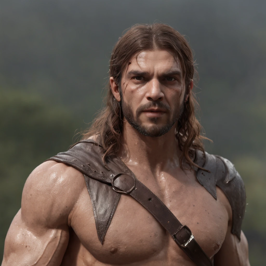(Professional 3D rendering:1.3) de (Realistic:1.3) Foto de arte mais bonita do mundo,Features soft, bright male heroes, ((Epic hero fantasy rough muscular man wet hero angry look long hair short beard and fierce expression in dynamic pose, fantastic location, majestoso ambiente desordenado)), corpo inteiro 8k unidade render, action shot, poros da pele, very dark lighting, sombreamento pesado, circunstanciado, Rosto detalhado, (vibrante, fotogrdeia realista, Realistic, Dramatic, Escuro, foco nítido, 8k), (Old leather clothes damaged by bad weather:1.4), ((((Use peles)))), (intrincado:1.4), decadente, (altamente detalhado:1.4), pintura digital, rendering by octane, art stations, Conceito-Arte, liso, foco nítido, illustration, germe da arte, (Loish:0.23), Wlop Ilya Kuvshinov, e Greg Rutkowski e Alphonse Mucha Gracias, (global ilumination, studiolight, Light Volumetric), chuva forte, floating particles, patife, fantasia, Onze, corpo inteiroesbian, ((Fundo escuro e antigo da cidade:1.3)),CGSesociedade,art stations