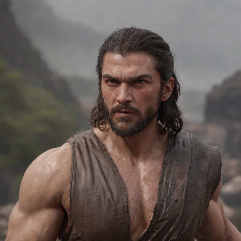 (Professional 3D rendering:1.3) de (Realistic:1.3) Foto de arte mais bonita do mundo，Features soft, bright male heroes, ((Epic hero fantasy rough muscular man wet hero angry look long hair short beard and fierce expression in dynamic pose, fantastic location, majestoso ambiente desordenado)), corpo inteiro 8k unidade render, action shot, poros da pele, very dark lighting, sombreamento pesado, circunstanciado, Rosto detalhado, (vibrante, fotogrdeia realista, Realistic, Dramatic, Escuro, foco nítido, 8k), (Old leather clothes damaged by bad weather:1.4), ((((Use peles)))), (intrincado:1.4), decadente, (altamente detalhado:1.4), pintura digital, rendering by octane, art stations, Conceito-Arte, liso, foco nítido, illustration, germe da arte, (Loish:0.23), Wlop Ilya Kuvshinov, e Greg Rutkowski e Alphonse Mucha Gracias, (global ilumination, studiolight, Light Volumetric), chuva forte, floating particles, patife, fantasia, Onze, corpo inteiroesbian, ((Fundo escuro e antigo da cidade:1.3)),CGSesociedade,art stations