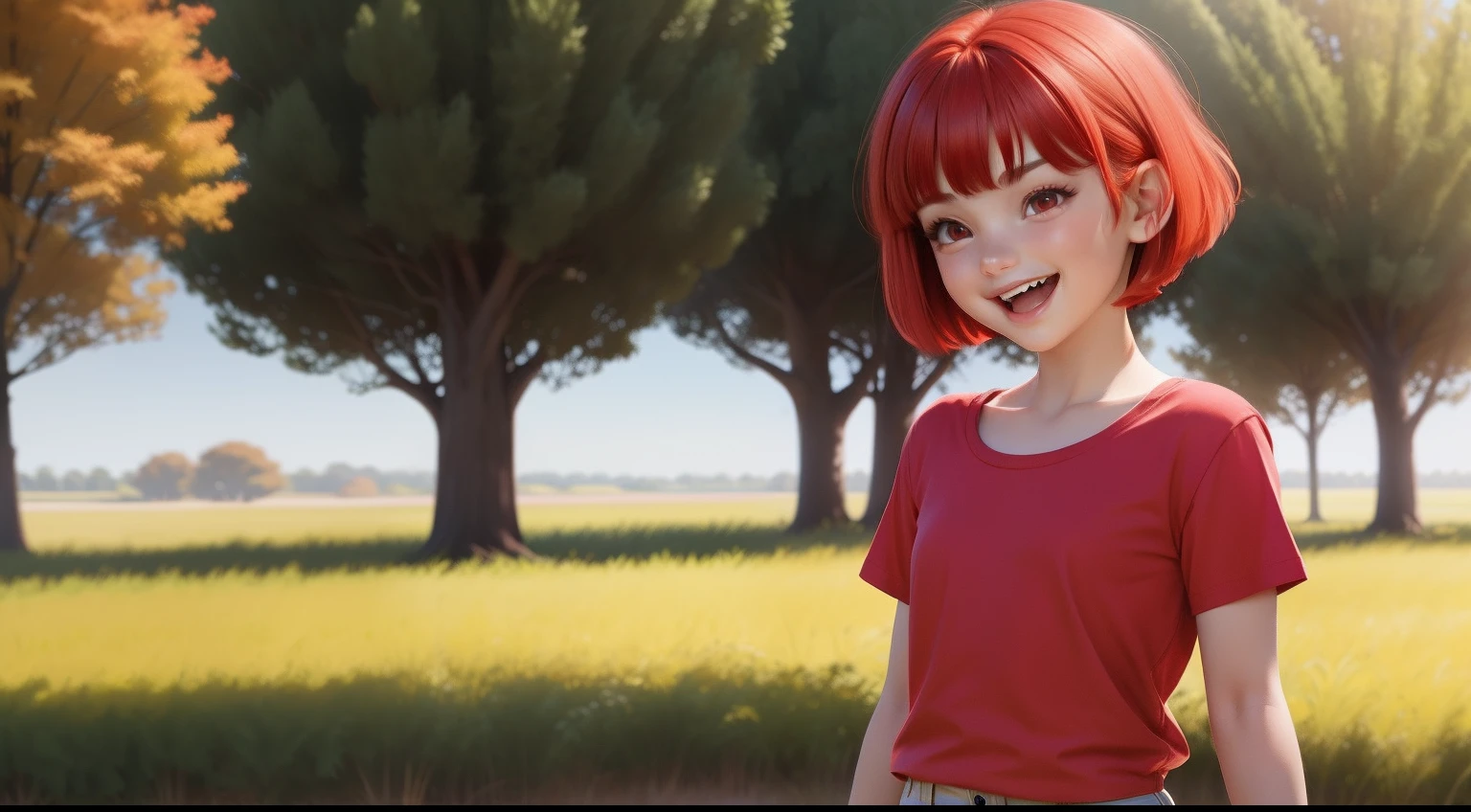with red hair red eyes beautiful face,short hair with bangs wearing red clothes a full red t-shirt ,laughing a lot ,full body, a field with trees and a sunny sky background,style of a Disney Pixar cartoon