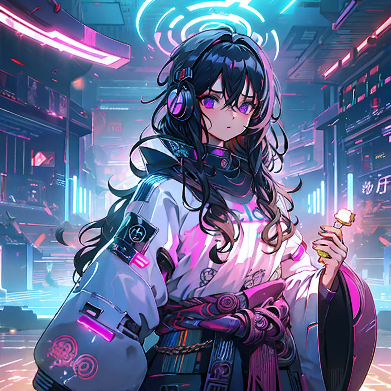 Mulher anime branca usando fones de ouvido pretos com asas de abelha com luzes led rgb, Medium-sized curly black wavy hair, sardas, covinhas, Purple eyes, Oversized black sweatshirt with cool design pattern, large eyelashes, DJ gamer menina, estilo phonk com detalhes em neon em torno futurista, asas de abelha em cada lado do fone de ouvido, rosto fechado para cima, foco no rosto, fomes de ouvidos bluetooth, headphones com asas, fundo cyberpunk universo futurista,