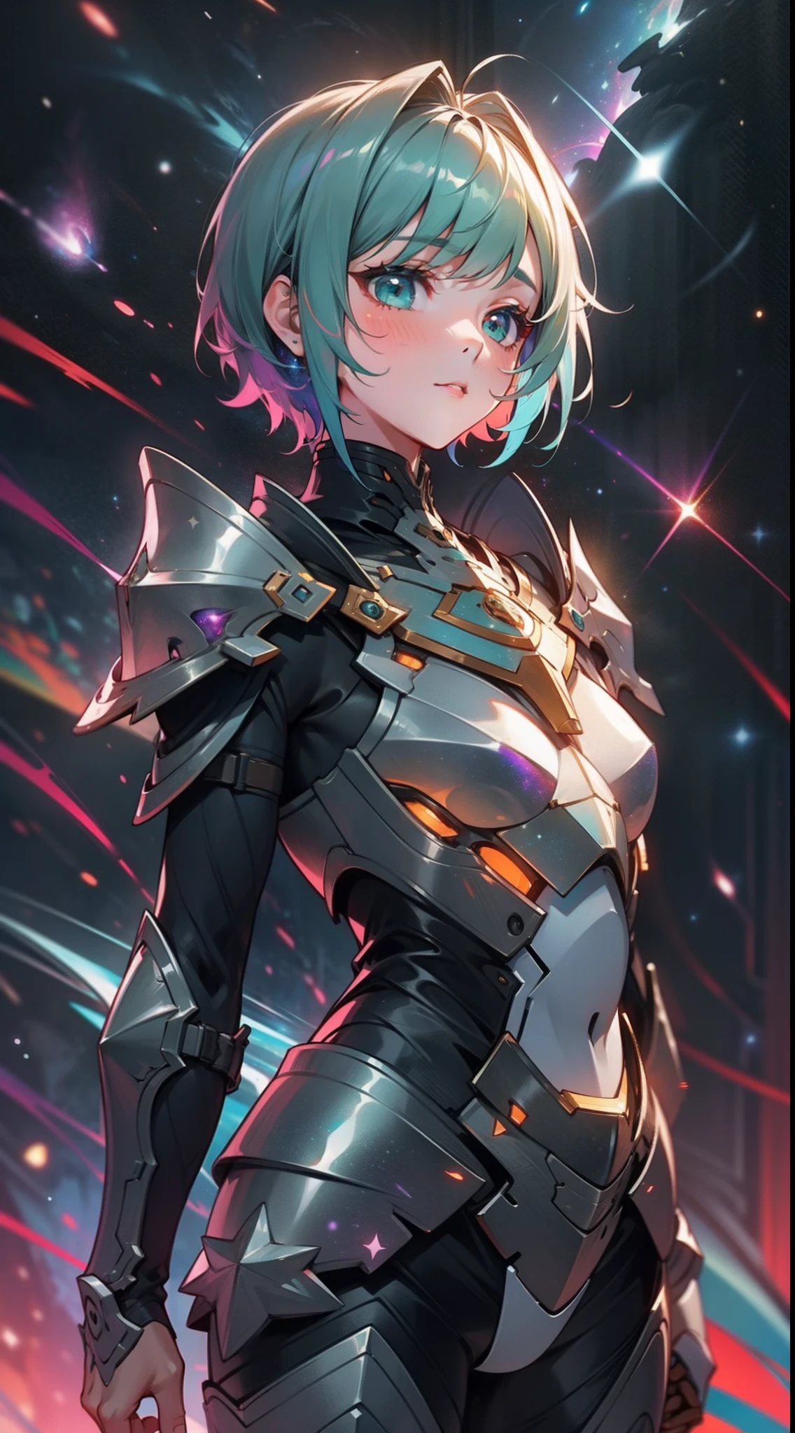 masterpiece, Highest quality, Very detailed, High resolution, (Ink painting style), Excellent anatomy, One beautiful woman, Normal body, 8k, Detailed face, Ultra-precision, Light-colored hair, Silver Turquoise Hair, short hair, Shortcuts, Medium chest, Beautiful body, Brave, Brave princess knight, Amused look, Watery eyes, Legendary Sword, Sword of Light, Dragon Sword, Sword and Magic Circle, Magic Sword, Great Magic of Light, Giant Magic Circle, Shiny Tiara, Silver Breastplate, knight armor, Dress Armor, metal armor, Armor Skirt, Silver Leotards, Navel Leotard, Green Zone, Silver Half Cloak, evil eye, Blue and Crimson Odd Eyes, Heart Mark in Eyes, Demon King&#39;s Castle, Evil Cave, Swinging the Sword, In combat, The best light, Best Shadow, mysterious, Perfect Face, Very detailed,