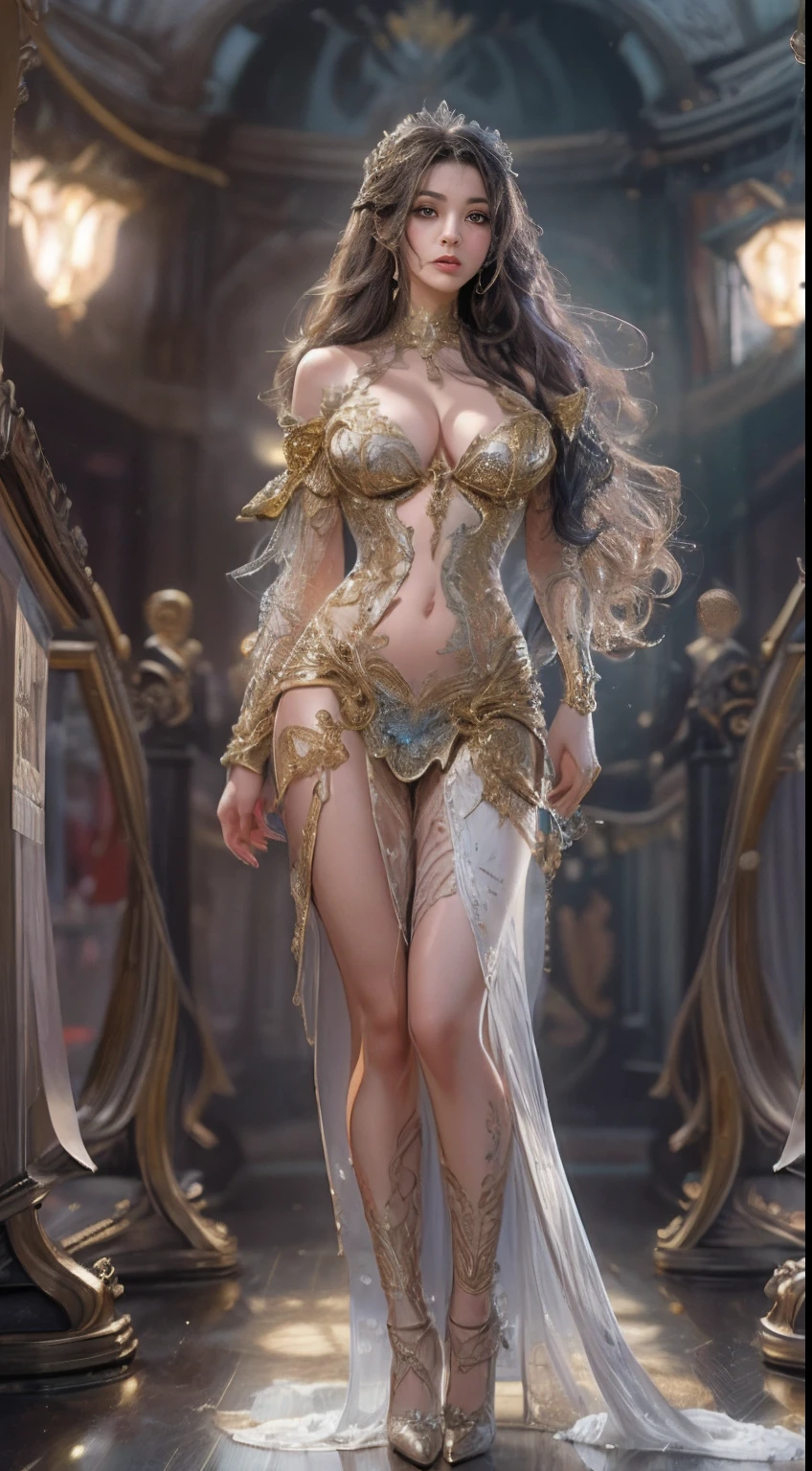 Woman in golden transparent dress,high-heels, (((Huge breasts, Large cleavage))),Slim waist,(Bare waist), Long hair, Microcurly Hair, Ultra-detailed details,High-end Zhenyi Railway Station, Storm Sites, detailed fantasy art, Stunning character art, Beautiful and exquisite character art, Beautiful gold and silver armor, Extremely detailed, Girl in shiny armor, Exquisite tiaras and jewelry,Crystal Jewelry Filigree, Full body capture, milkyway, stunning visuals, (Dynamic streaks, Light Track:1.2), Vibrant colors,