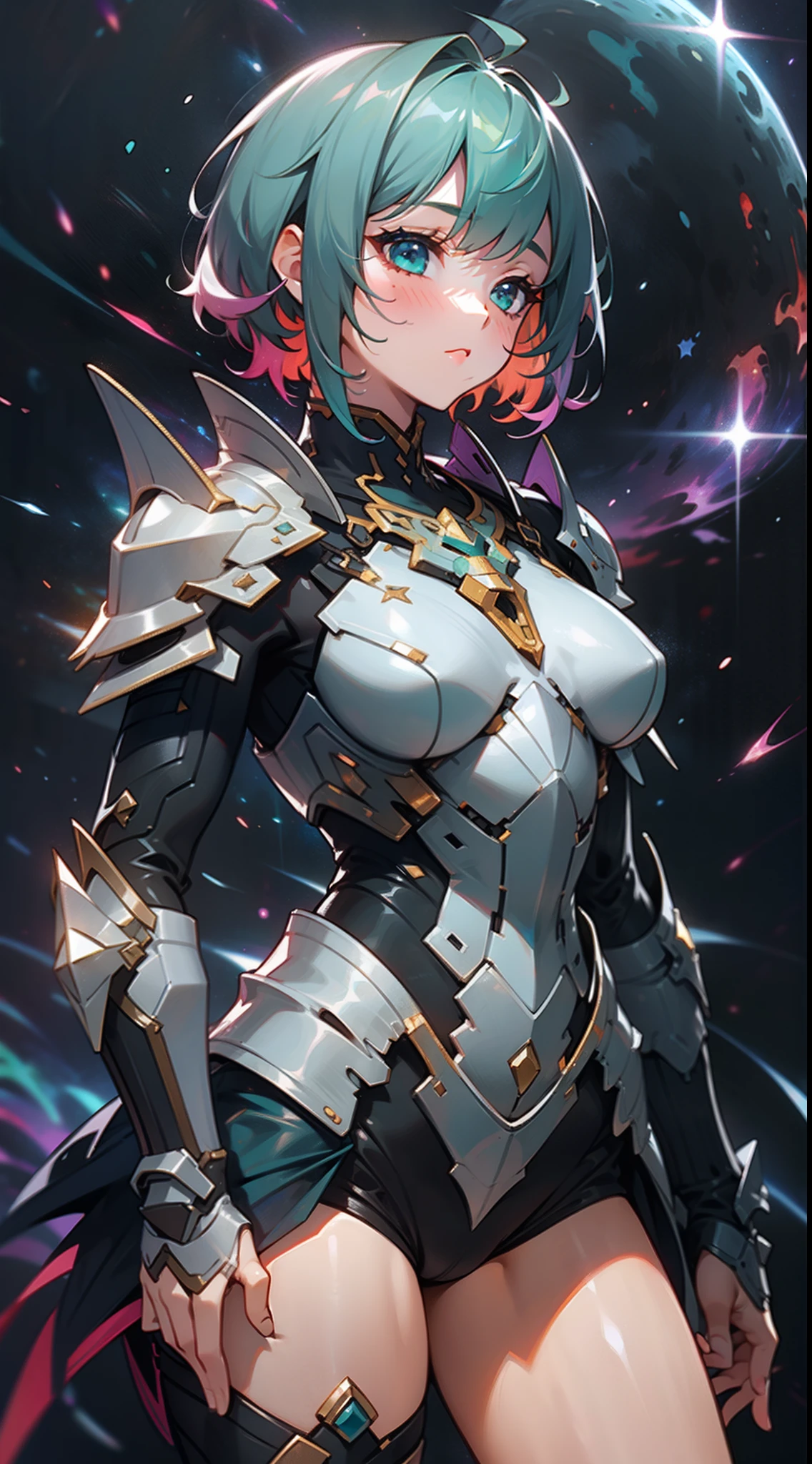 a girl, wildly rainbow colored short hair, dark fantasy, teal colored armor, standing, cosmic nebula background, stars, galaxies