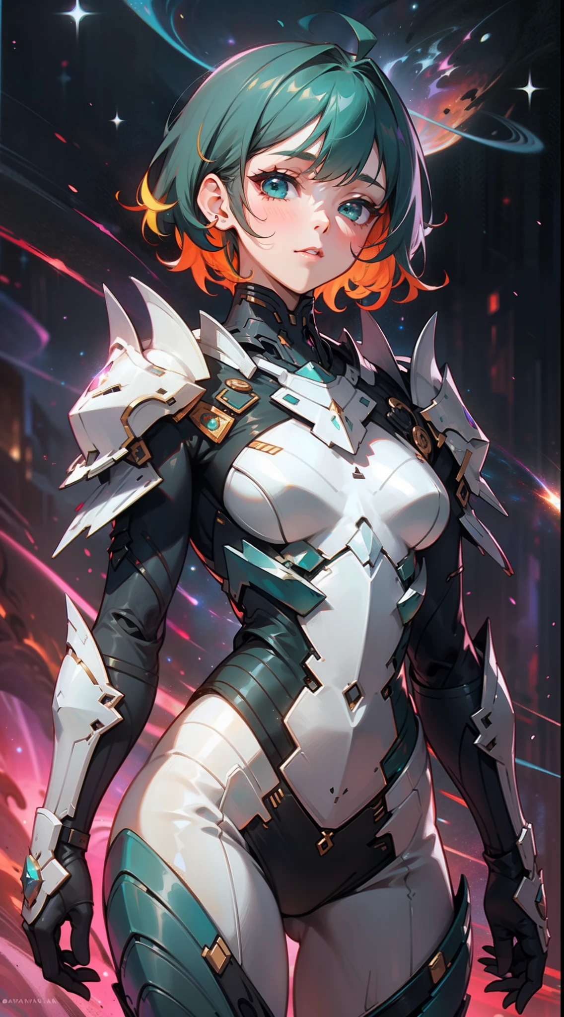a girl, wildly rainbow colored short hair, dark fantasy, teal colored armor, standing, cosmic nebula background, stars, galaxies