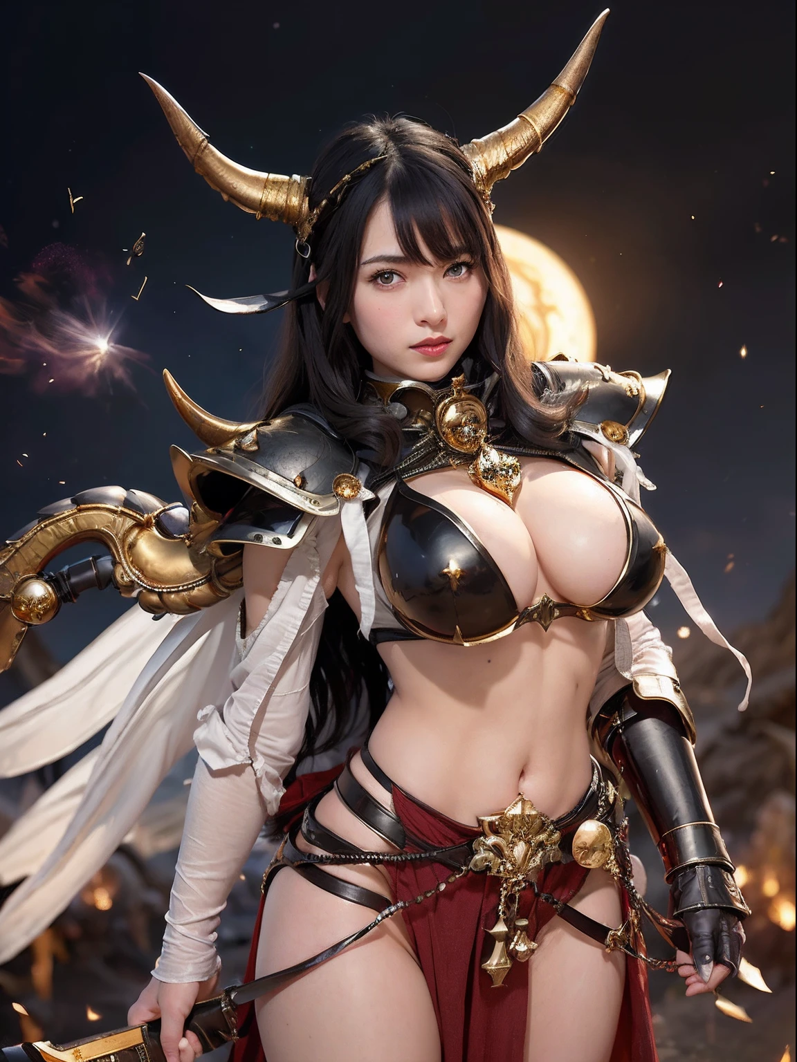 Professional , masterpiece、top-quality、photos realistic , depth of fields 、(A dark-haired) 、(Gemstone White Metal Body:1.4),(Matte Black、Jewel Gold Weapon(Jewel Metal Body:1.4),Gorgeous metal weapons ,Particles of light、(Fight dragons)、(Black wings)、(( Detailed and gorgeous sword of the brave)) ,Light Effects、intense fighting、Wind-effect、magic circles、 (A dark-haired) ,warhammer 40k ,Detail and ornate jewel crown、With the legendary magic wand、Dragon's tail、explosions、((Micro Bikini Armor))、((Gangle's forest background))、Beautiful Caucasian beauty、1a person、dynamic ungle,(((Details of the two demon horns on the head)))、Smaller head、A smile、Background inside the castle、Thin and beautiful female hands、cleavage of the breast、Soldier in iron armor on background、Mystical expression、Light Effects、Wind-effect、With the legendary magic wand、(wingspan)、Toostock、Anatomically correct body、