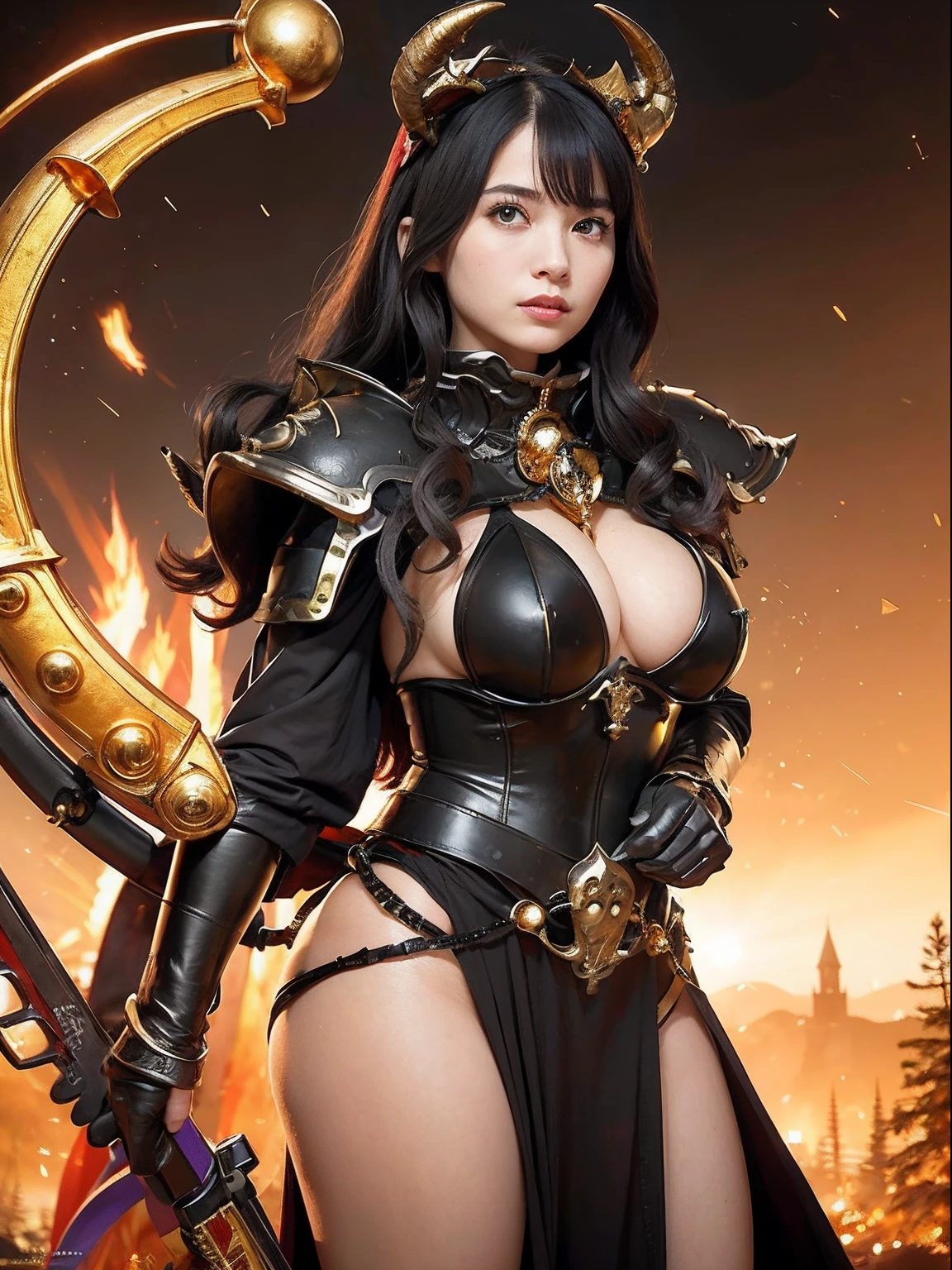 Professional , masterpiece、top-quality、photos realistic , depth of fields 、(A dark-haired) 、(Gemstone White Metal Body:1.4),(Matte Black、Jewel Gold Weapon(Jewel Metal Body:1.4),Gorgeous metal weapons ,Particles of light、(Fight dragons)、(Black wings)、(( Detailed and gorgeous sword of the brave)) ,Light Effects、intense fighting、Wind-effect、magic circles、 (A dark-haired) ,warhammer 40k ,Detail and ornate jewel crown、With the legendary magic wand、Dragon's tail、explosions、((Micro Bikini Armor))、((Gangle's forest background))、Beautiful Caucasian beauty、1a person、dynamic ungle,(((Details of the two demon horns on the head)))、Smaller head、A smile、Background inside the castle、Thin and beautiful female hands、cleavage of the breast、Soldier in iron armor on background、Mystical expression、Light Effects、Wind-effect、With the legendary magic wand、(wingspan)、Toostock、Anatomically correct body、