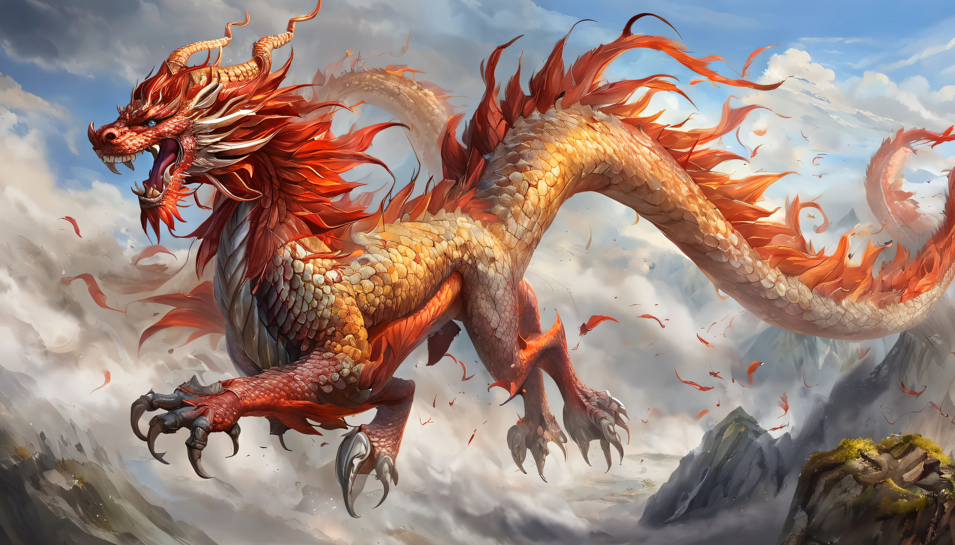 Chinese Dragon, full bodyesbian, drak, Extremely detailed Cg Unity 8K wallpaper), (Colorful:1.2), Long hair, Sharp teeth, Red eyes, teeth, Huge, Hires upscale: 1.7, Hires upscaler: 4x_NMKD-Siax_200k, Noise Removal Strength: 0.45, Lifelike texture, Dynamic Angle, (((+++Lightning is intertwined with the body///))), Colorful auspicious clouds, shadowing, Atmospheric perspective, in a panoramic view, Wide shot, 16k, Anatomically correct, Super detail