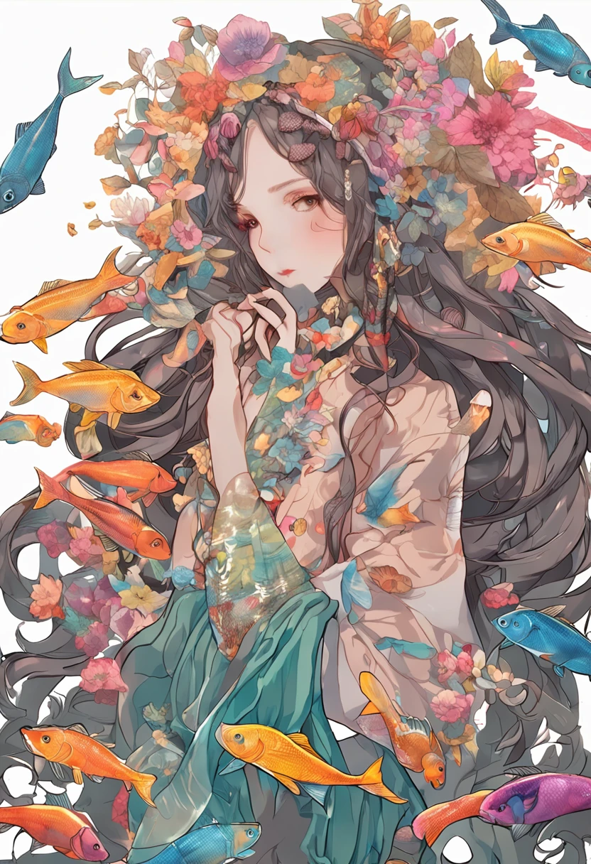 illustration，1 25 year old girl，full bodyesbian，Fish scales all over the body，Multicolored fish scales，Best quality at best，highly  detailed，Best quality at best，tmasterpiece，An extremely delicate beauty，extremely detaile，adult girl，style of anime，Desico Girl，nijistyle，mermaids，Swimming moves，Human fishtail，
