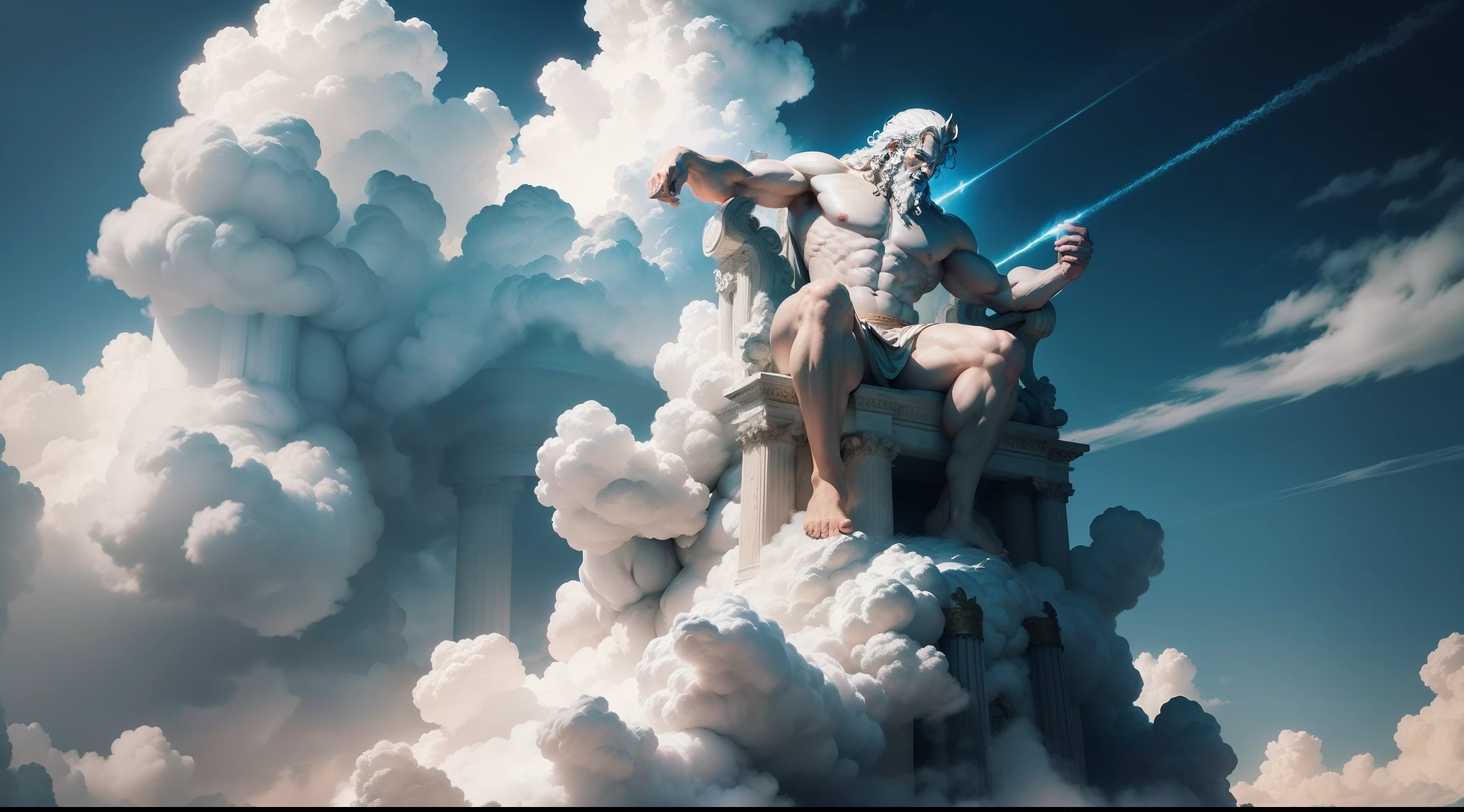 The clouds part to reveal the majestic figure of Zeus, King of the Gods, seated atop his throne on Mount Olympus, his thunderbolt held aloft in a powerful display of strength.