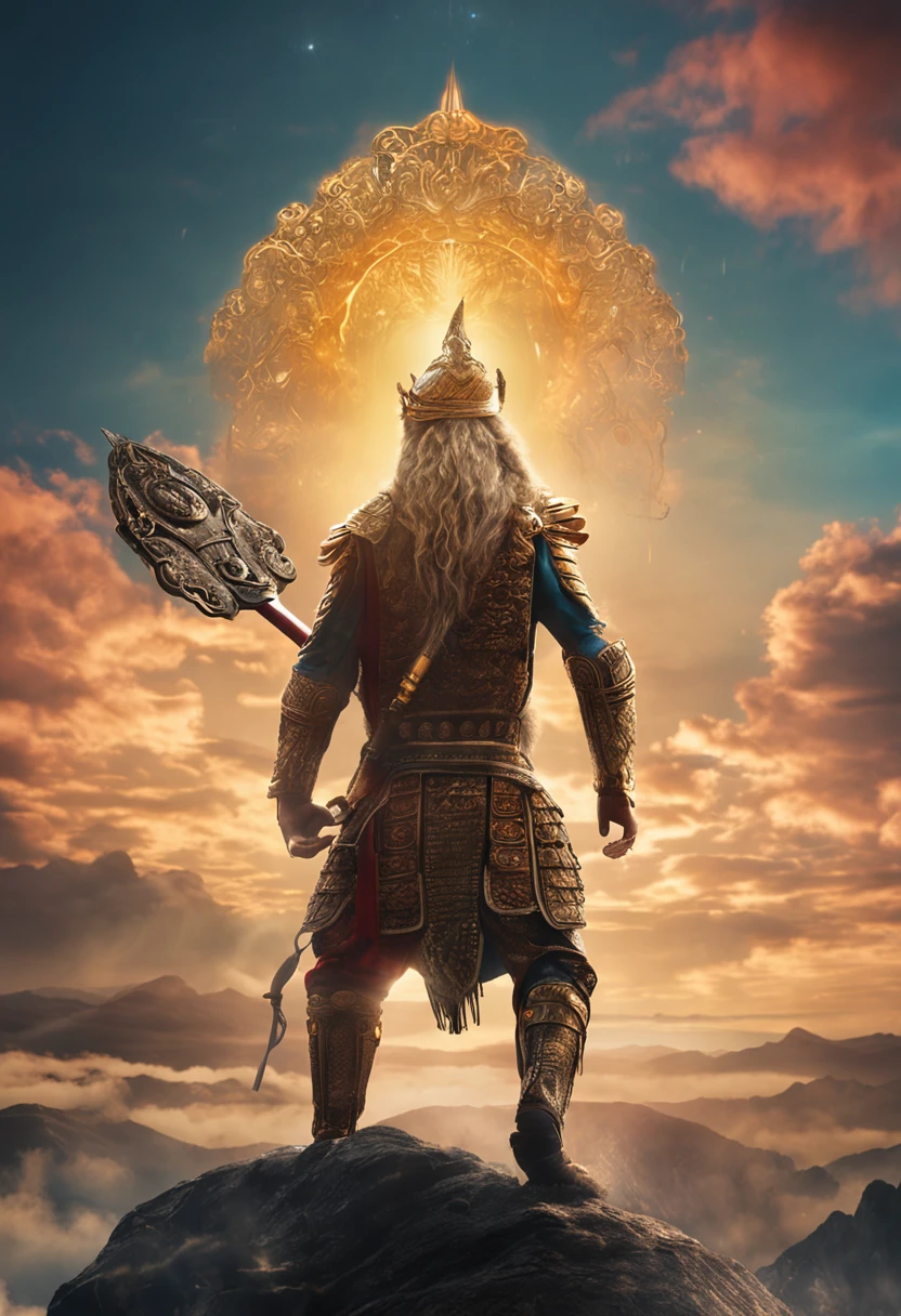(Masterpiece, A sacred portrayal of the Monkey King:1.4), Wukong,solo, Holding a long golden stick,Wearing chain mail,Combat posture,tmasterpiece,ultraclear,UHD,extreme hight detail,The background is sky and clouds,suns,shine